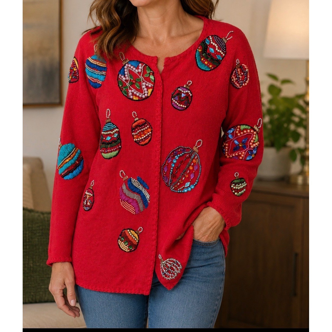 Michael Simon Vintage 1991 Beaded Christmas Ornament Cardigan Sweater Red Sz M/L