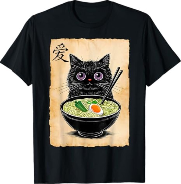 Cat Ramen Graphic Tees Funny Japanese Kawaii Anime Cat T-Shirt