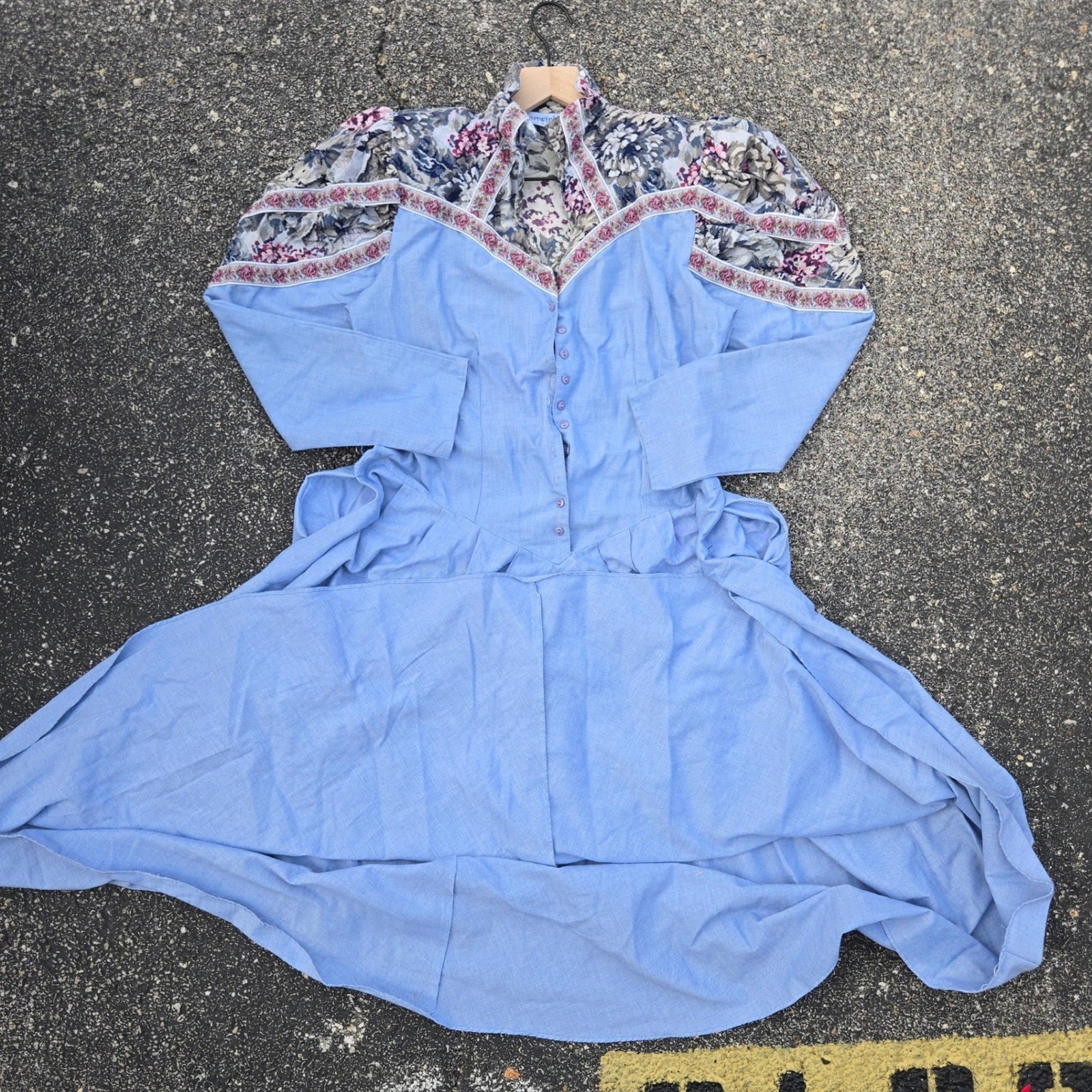 VTG Periwinkle Maxi Prairie Dress Western Floral Tapestry Blue Womens Medium USA