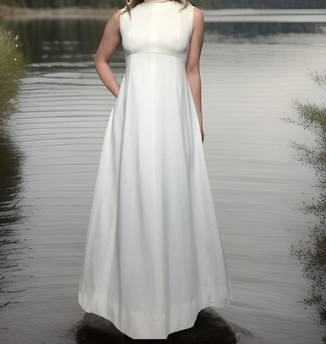 Vintage Vogue Paris Handmade Ivory Wedding Gown High Neck Empire Waist Mod