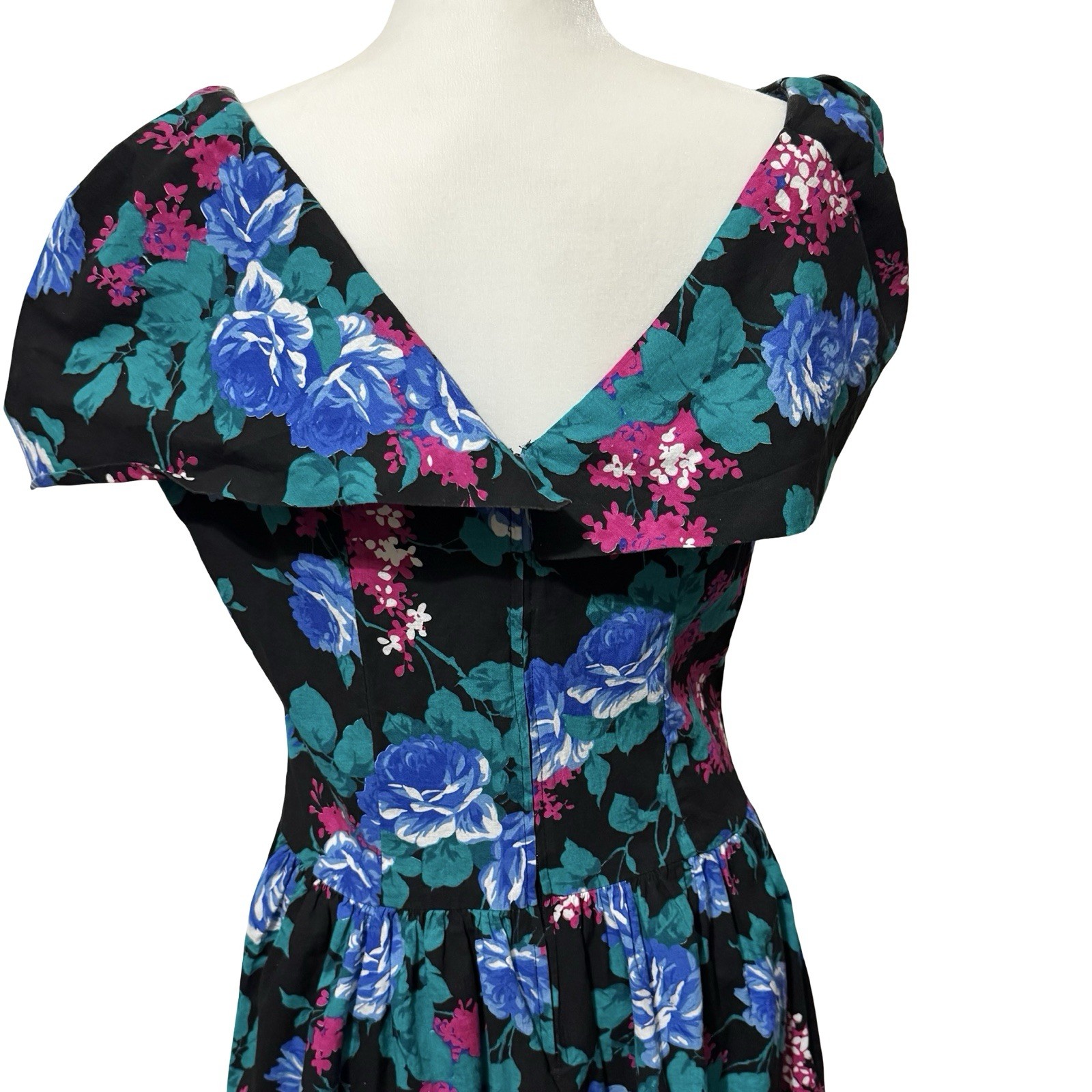 Vintage 80s Floral Party Dress SL Fashions Size Large Big Collar Tea Cottage