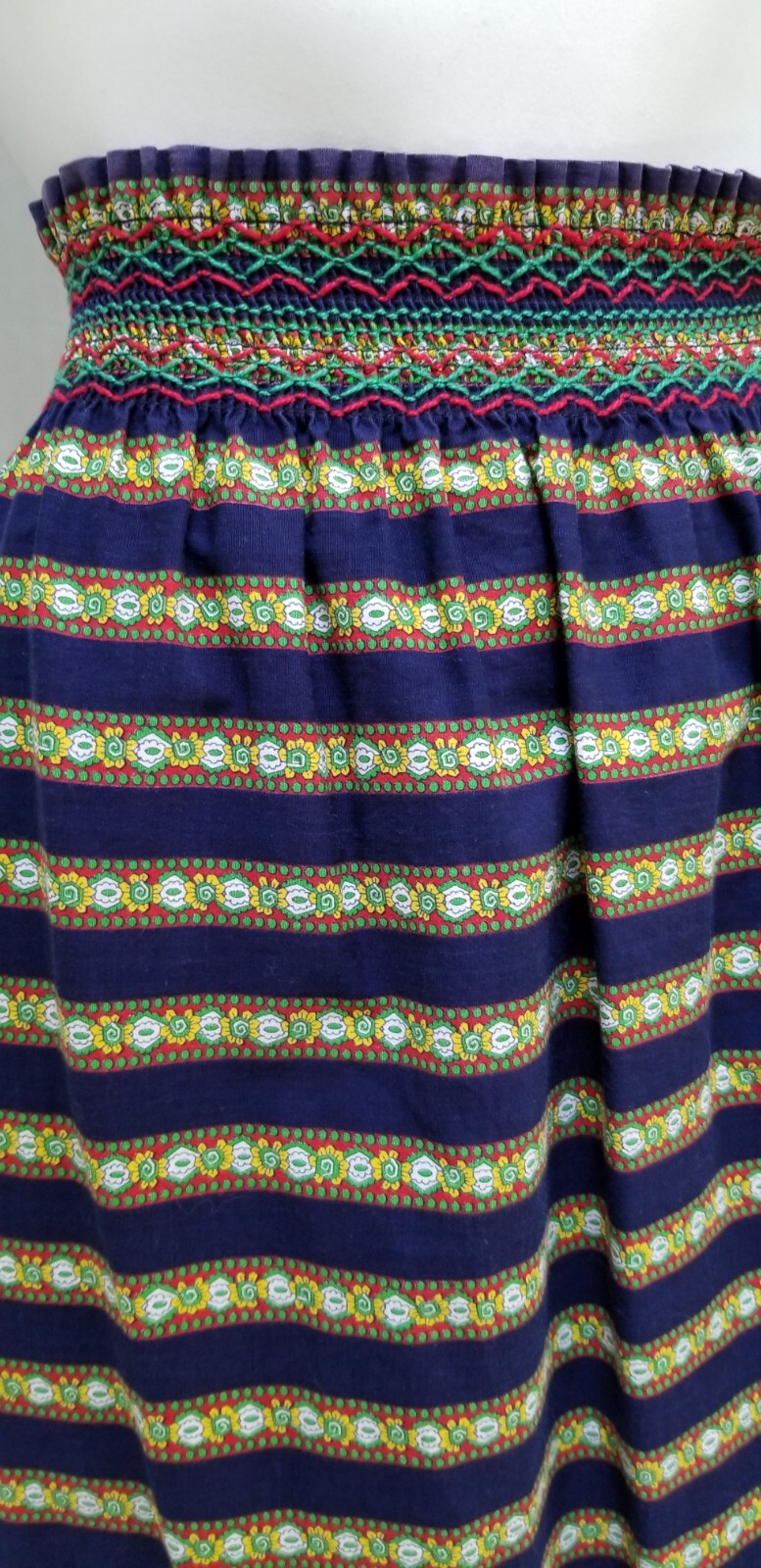 Vintage Blue Red Green Yellow Floral Striped Maxi Skirt – Smocked Waist – M/L
