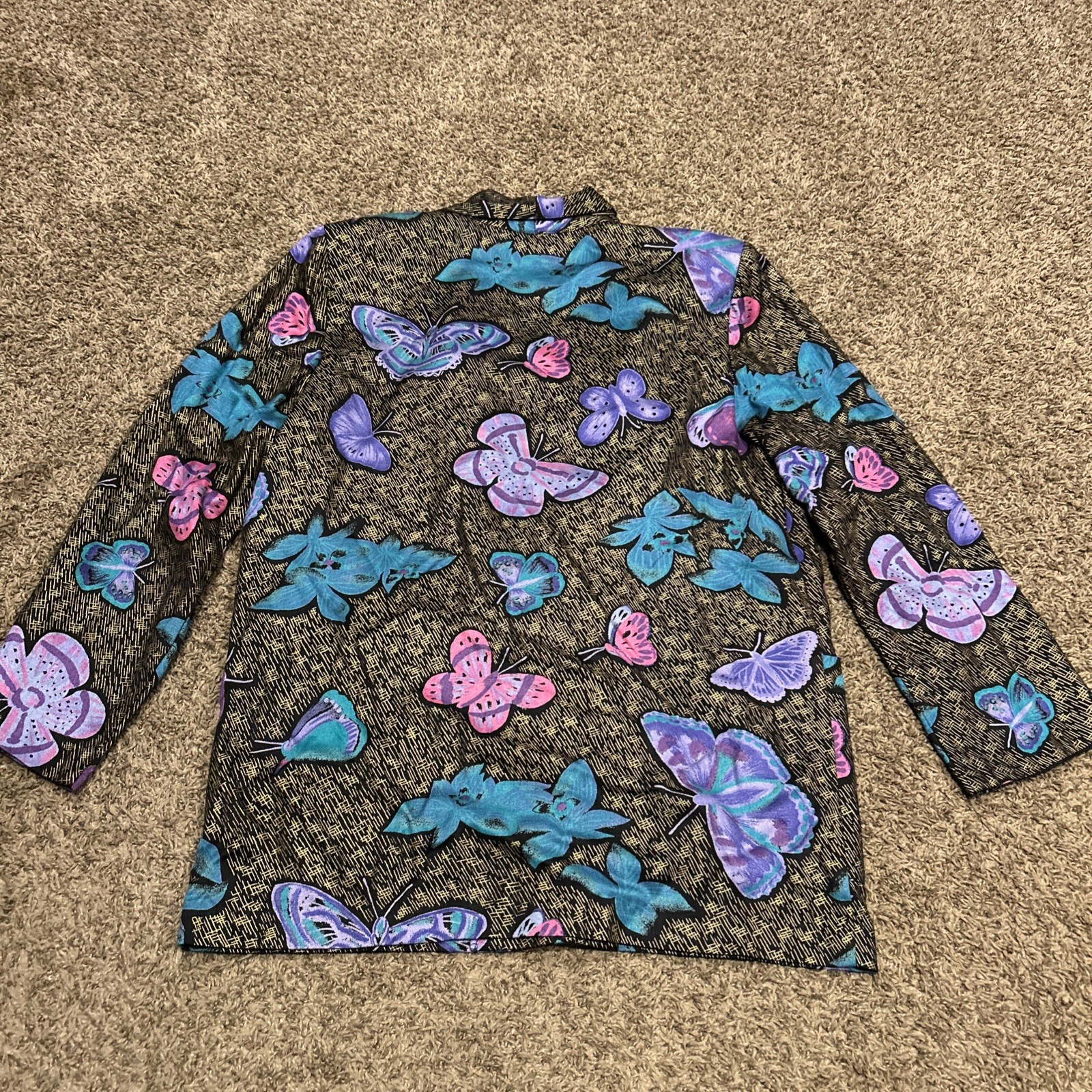 Vintage Kensington Square Blouse Top M Button Long Sleeve Butterflies A44