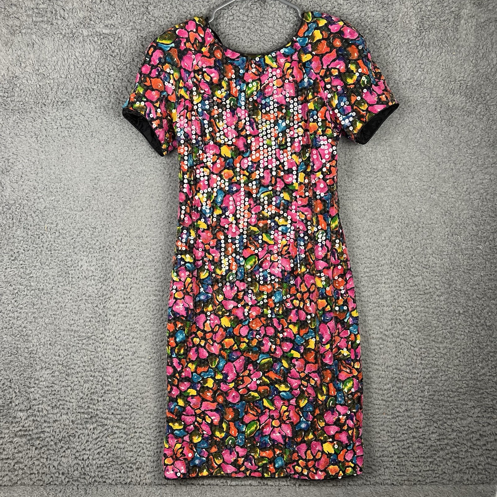 Vtg Rimini Dress 100% Silk Sequin Colorful Abstract AOP Cocktail Lined S/S Sz 8