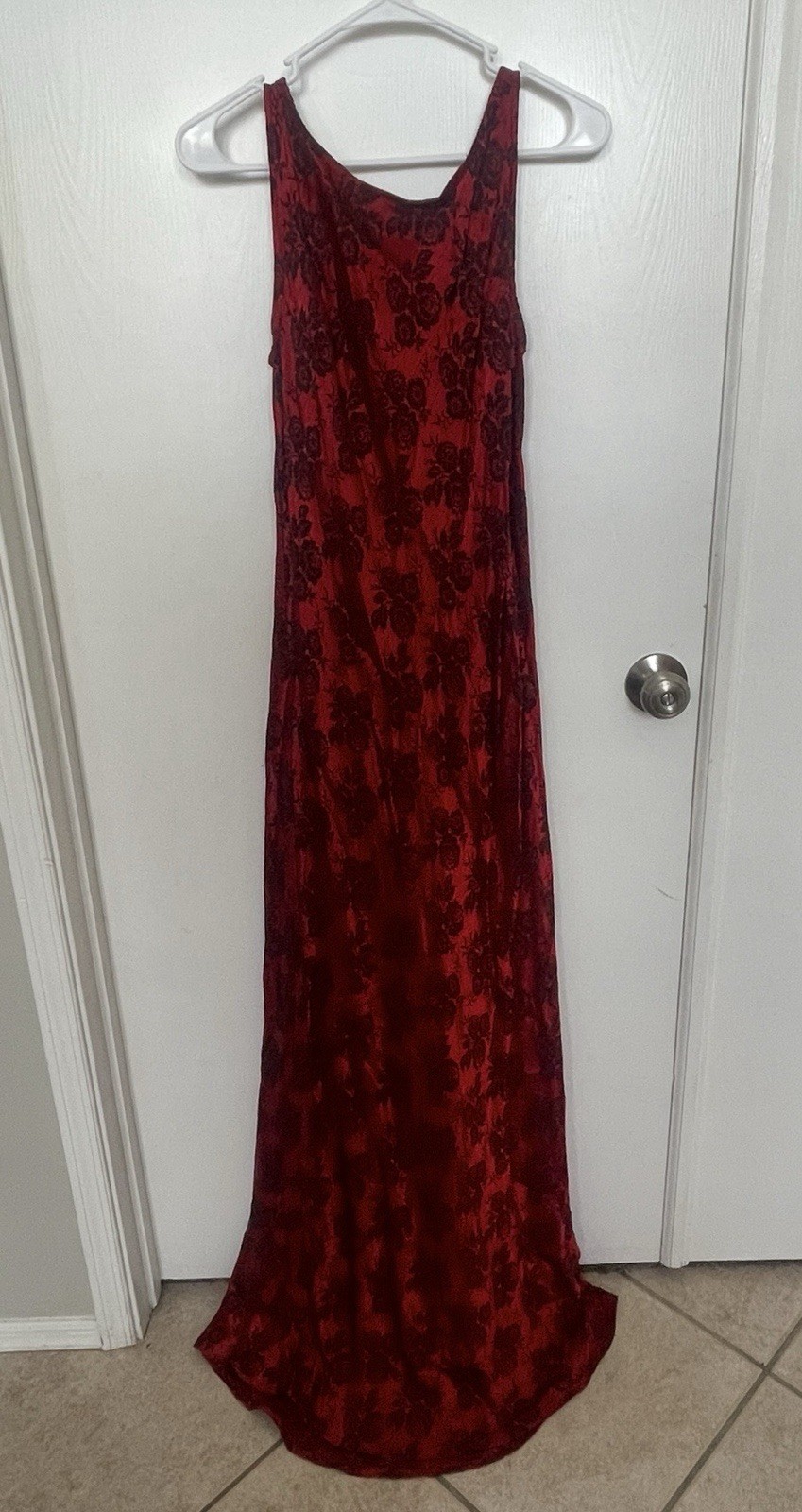 Vintage CDC Ruby Red Floral Jacquard Evening Column Gown Unique Chain Back