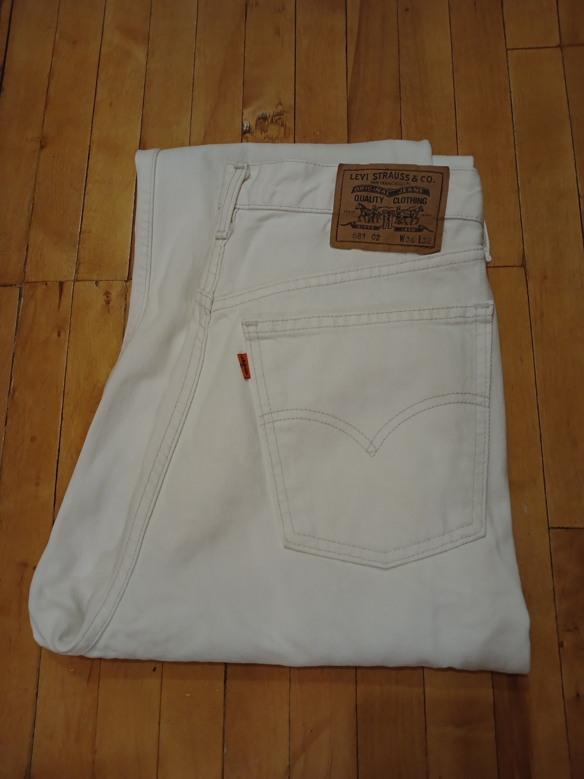 Vintage Levis 881 02 Orange Tab Jeans Off White Cream Mom High Waist W36 L32 90s