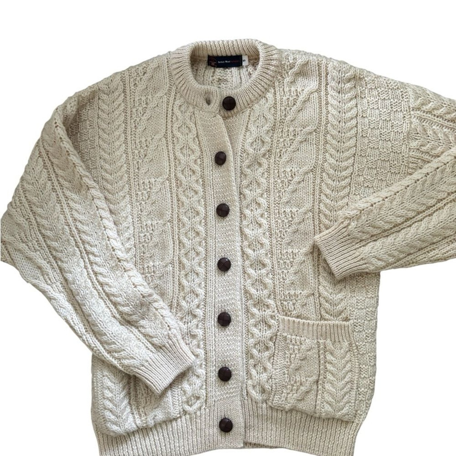 VTG British Wool Chunky Oversize Wool Cable Knit Cardigan Sweater Sz S Ivory