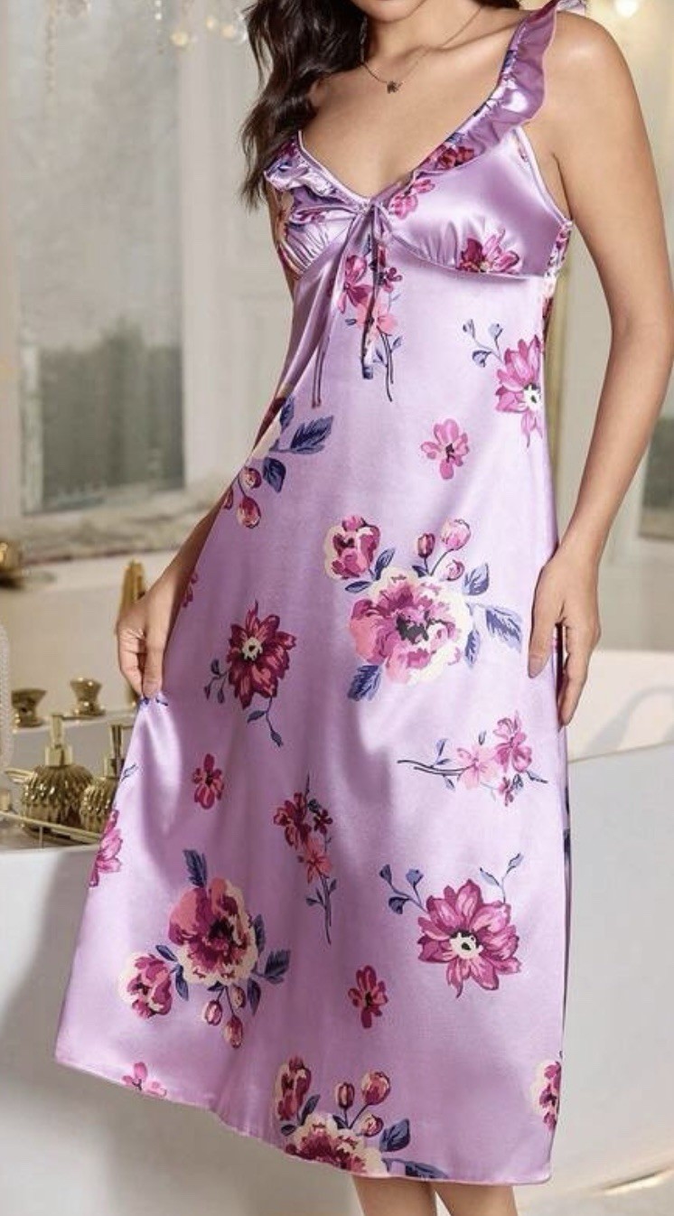 Glossy Lilac Floral SATIN Ruffle Neck NIGHTGOWN Full Slip GOWN Oily XL NEW