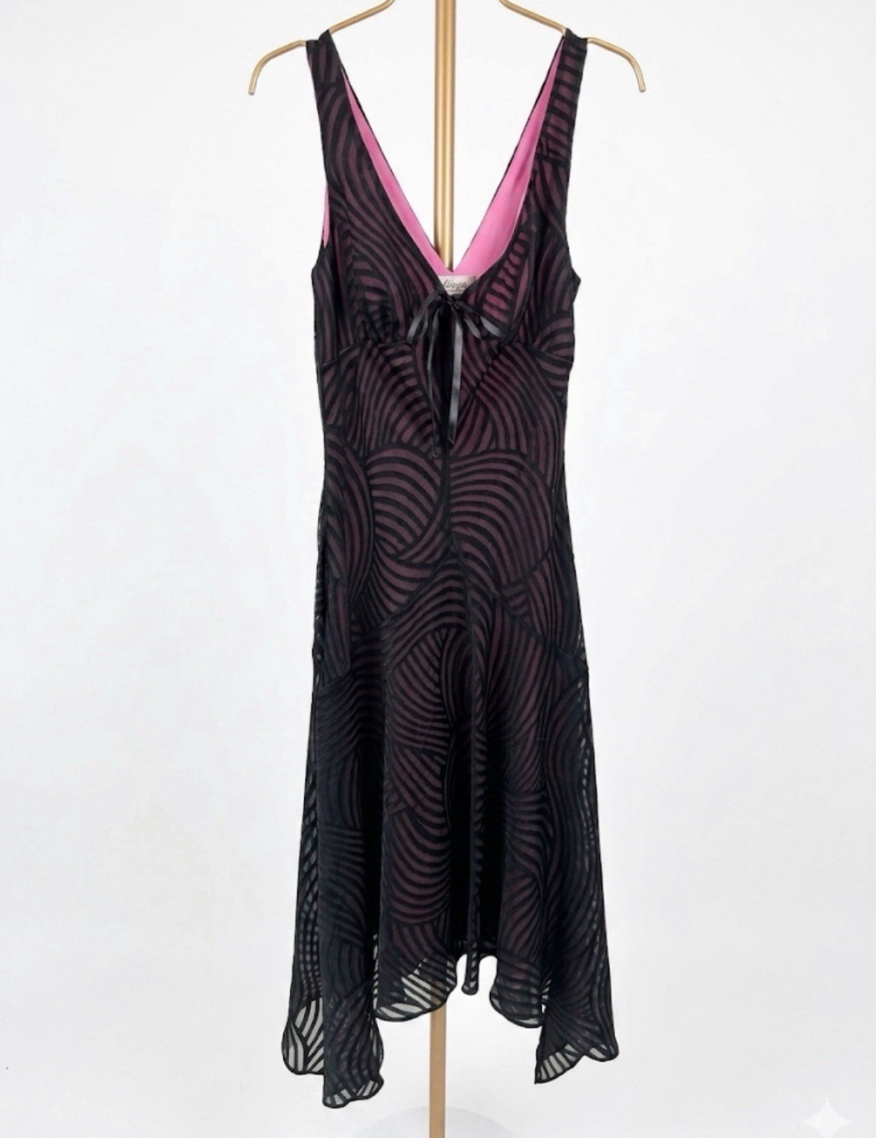 VTG 90s Mica Handkerchief Hem Slip Dress 6 Pink Black Swirl Mesh Midi Whimsigoth