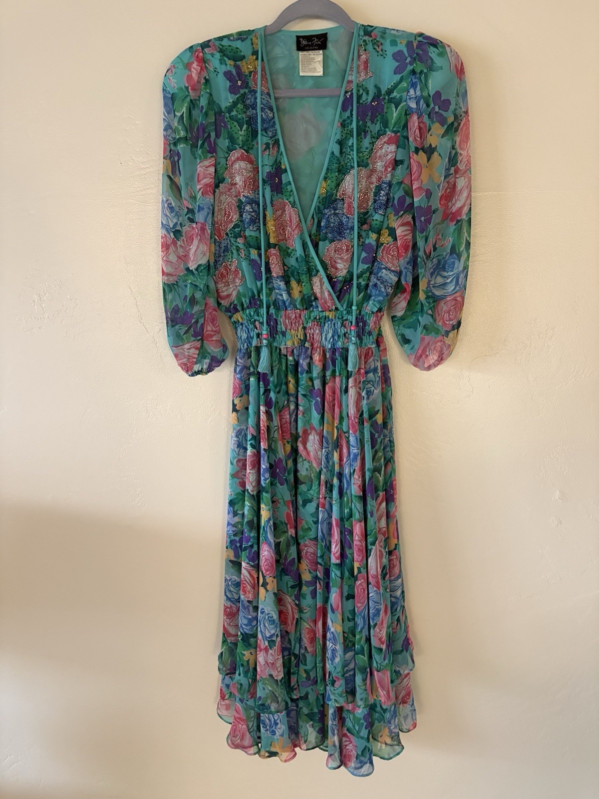 Vintage Diane Freis Georgette Floral Chiffon Maxi Dress Beaded One Size