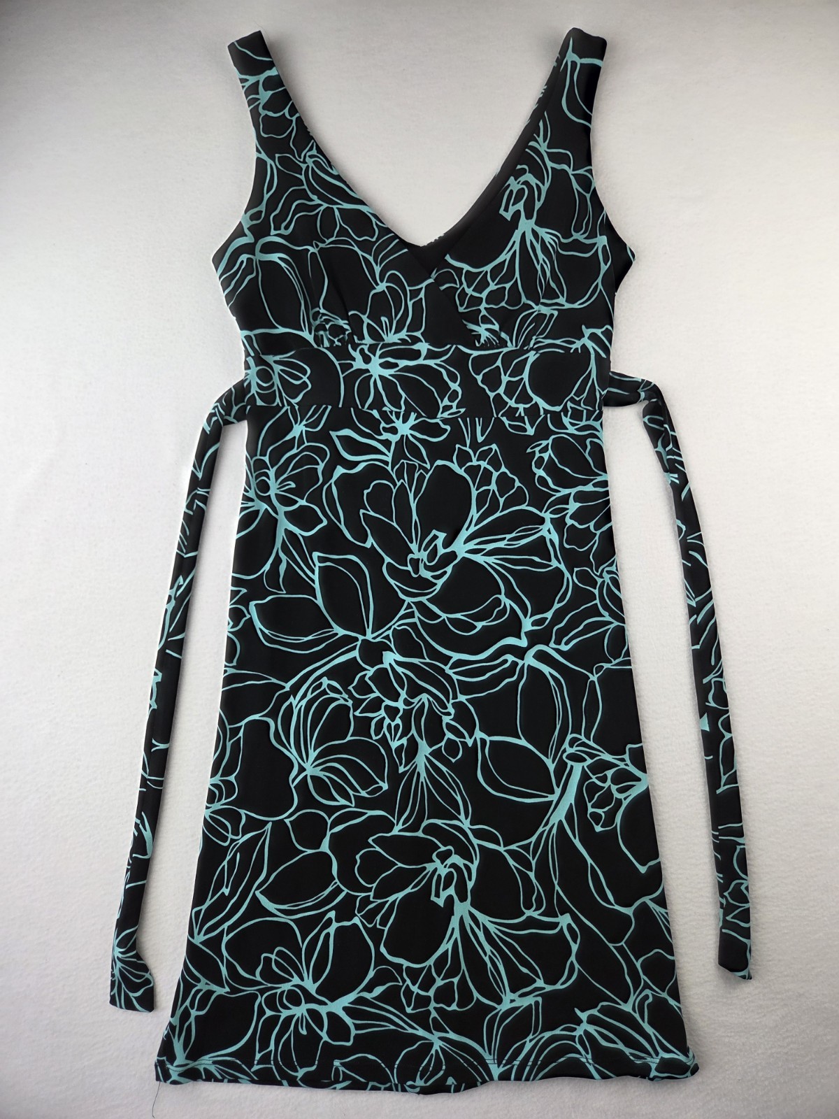 B. Darlin Women’s Size 7/8 Dress Sleeveless A-Line Black Teal With Waist Ties