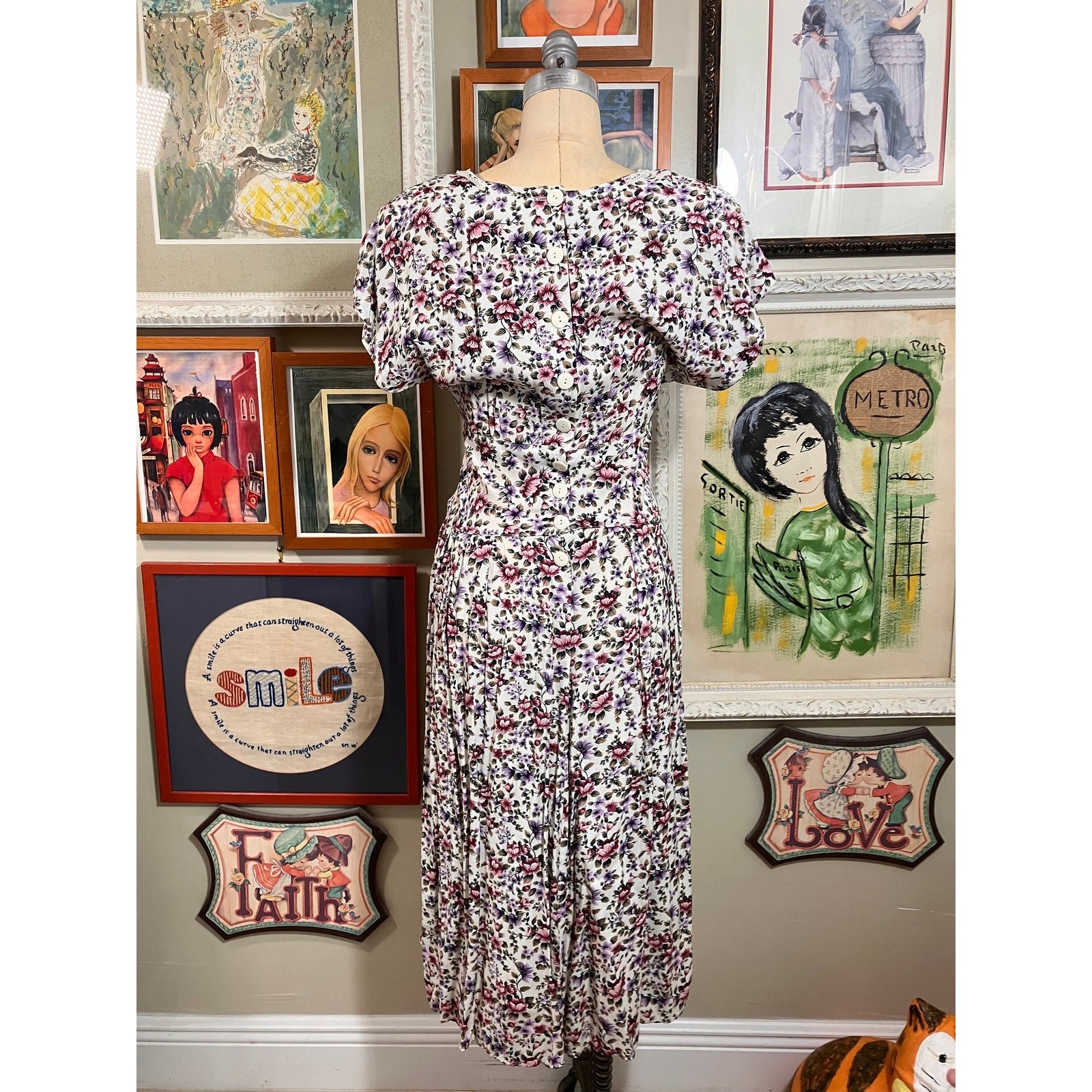 1980s D.B.Y. Limited Purple Floral Dress 1940s Style Rayon Midi Tea Length Small