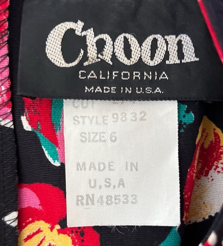 Vtg 80s Choon California USA Dress Women 6 Black Floral Print Peplum Cotton