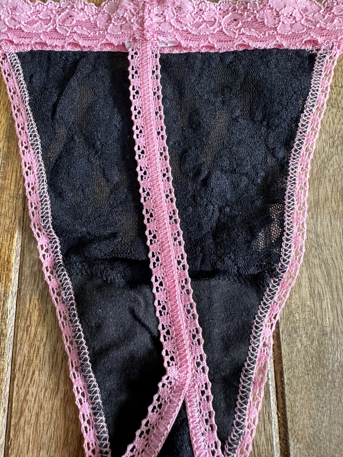 Vtg Hanky Panky One Size S M L Black & Pink Lace Thong String Bikini Panties