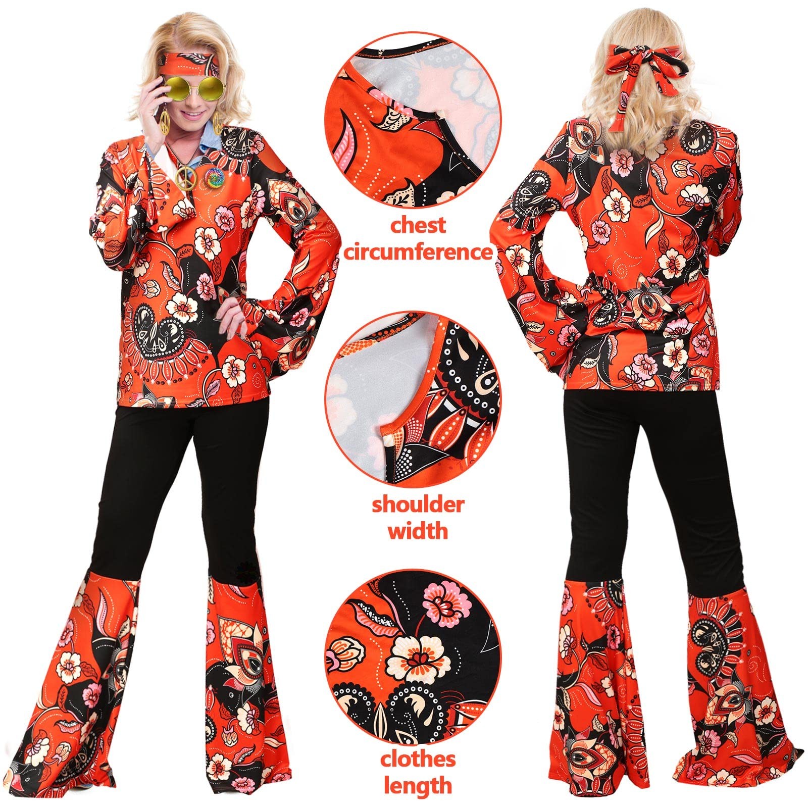 Jiuguva 11 Pcs 60s 70s Outfits for Women Hippie Costume Set X-Large, Red