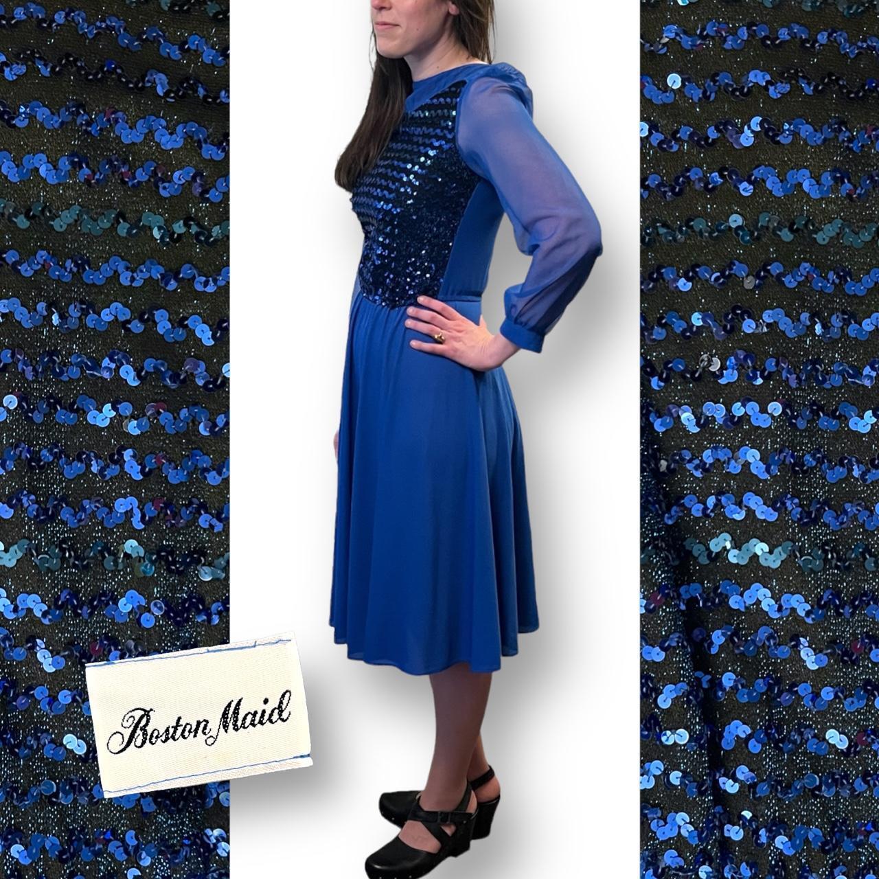 Gauzy Puff Sleeve Zig Zag Sequin Vintage 70s Dress Knee Length Fairy Boston Maid