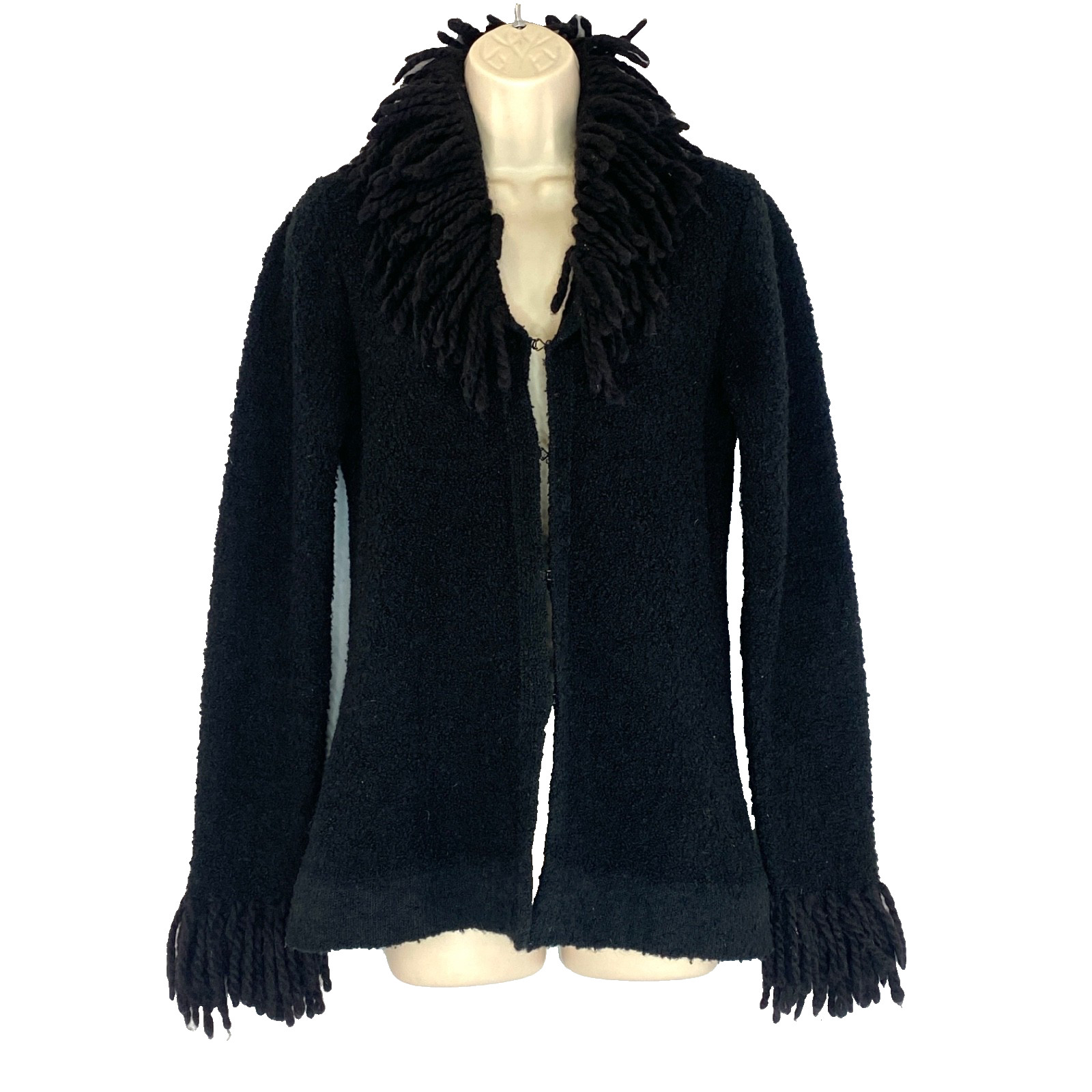 Vintage 1990s black FREE PEOPLE sweater M wool fringe shag cardigan long sleeve