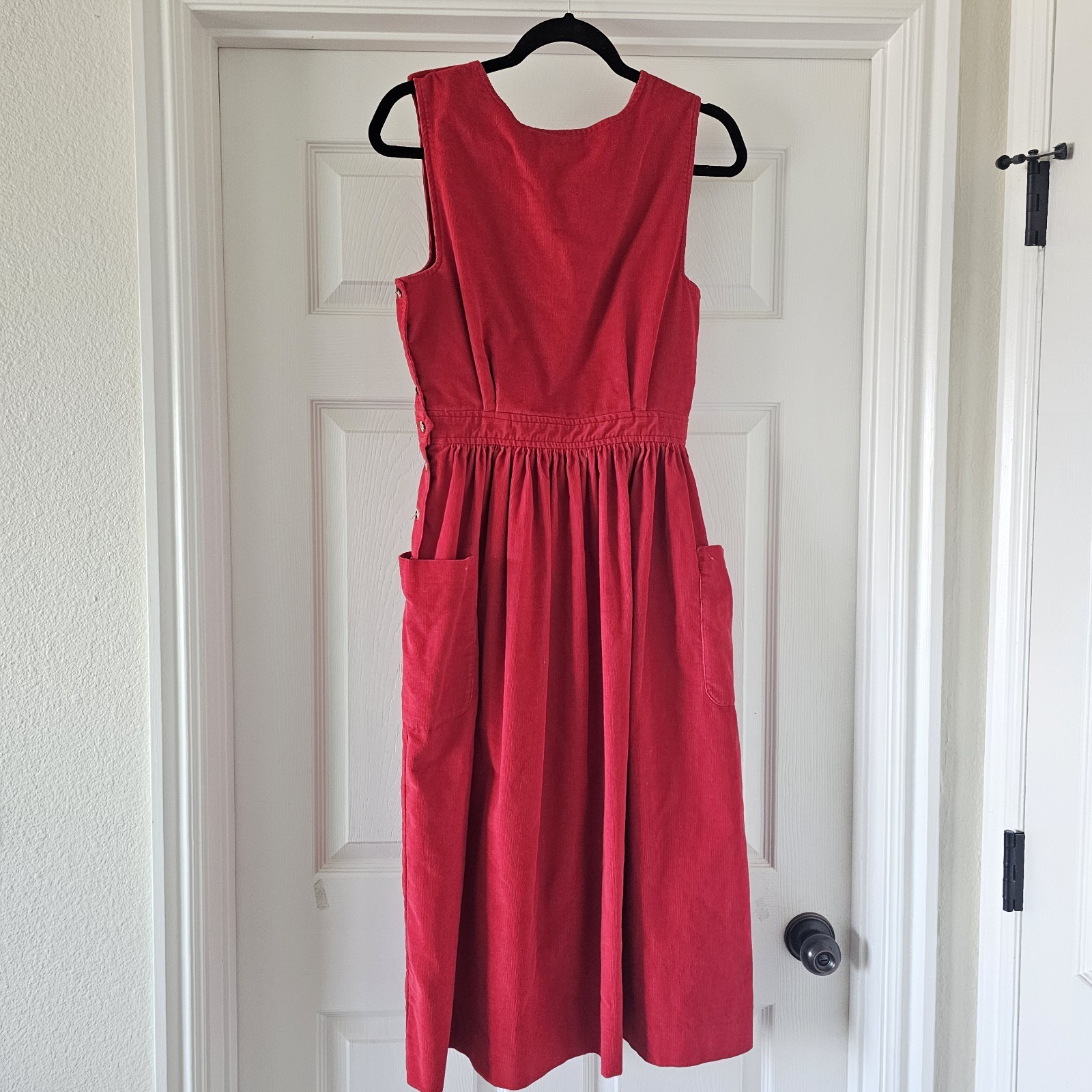 1980s 1990s L.L. Bean Lipstick Red Corduroy Pinafore Jumper Midi Dress #74