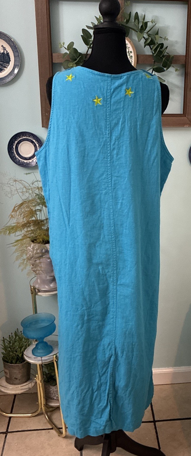 Vintage Quaker Factory Large Aqua Blue Celestial Linen/ Rayon Dress Pocket