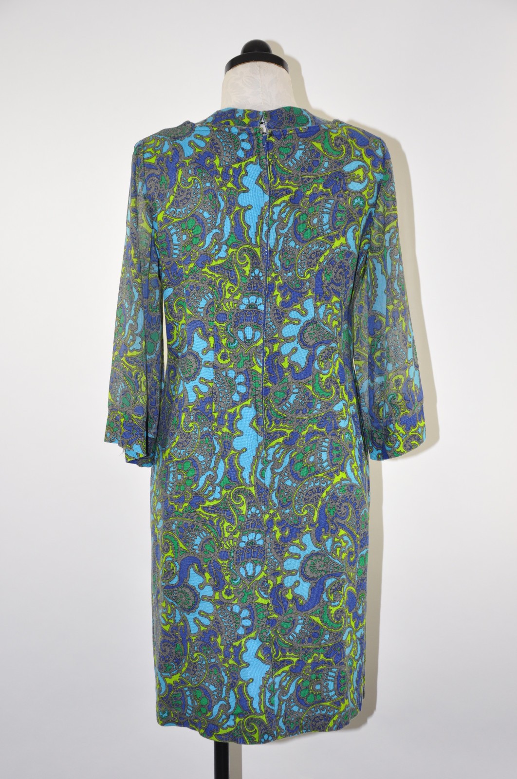 60s Vintage Blue Green Paisley Sheer Bell Sleeve Sheath Wiggle Day Dress Women S
