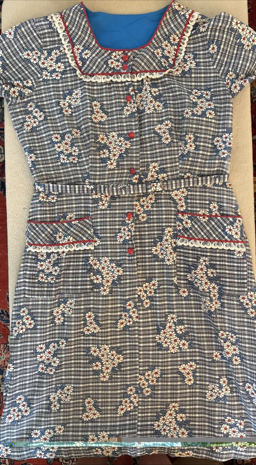 Vintage 1960’s Blue Plaid w/Daisies Belted House Dress White & Red Trim Accents