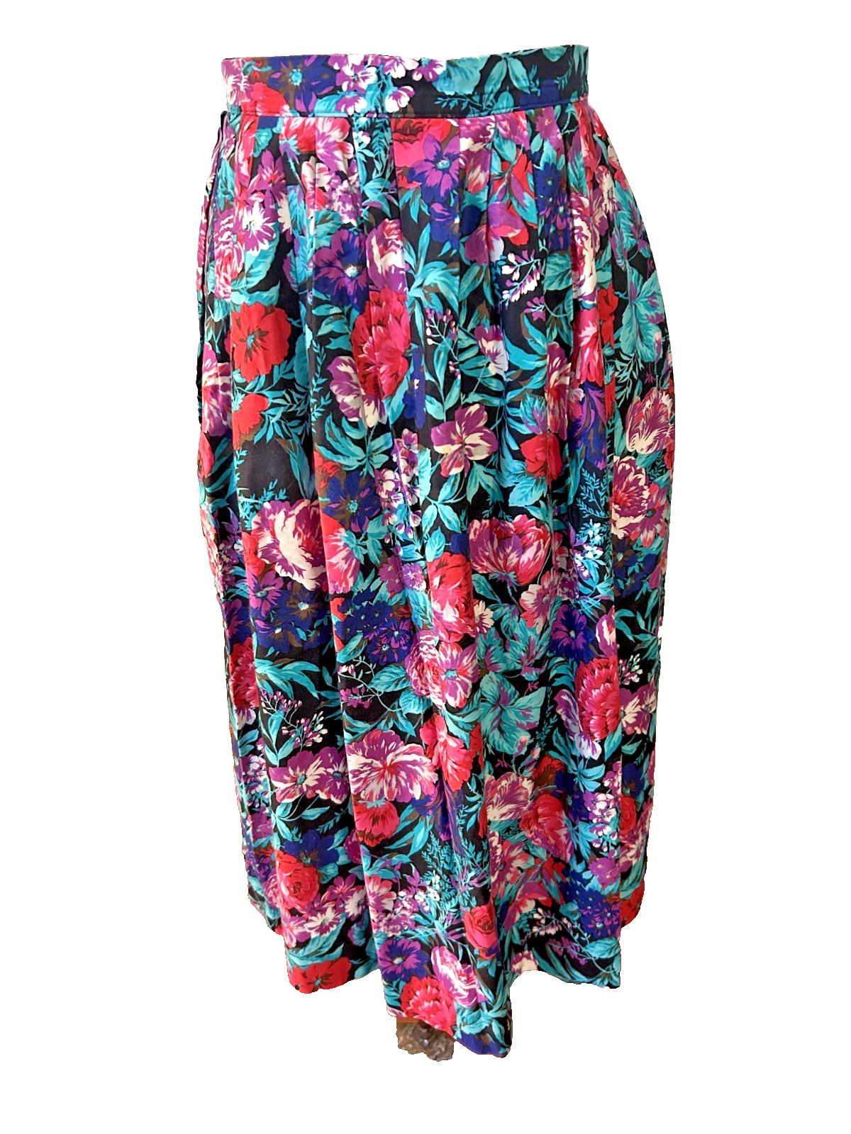 Vintage 1980s Lombardi Floral Cotton Chintz Skirt Cottage Pleats Pockets S M