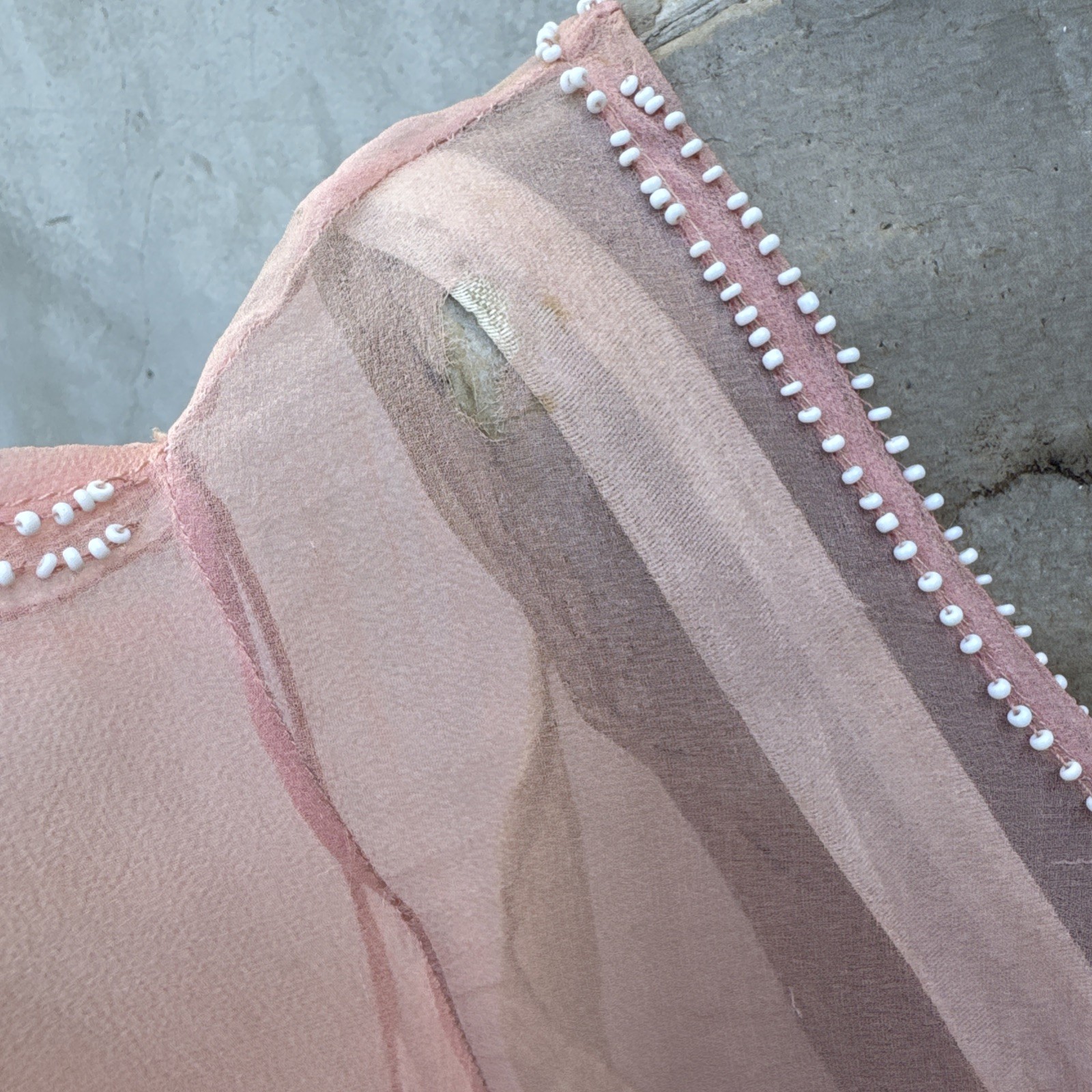 Antique 1920s Pink Silk Chiffon Dress Beaded Waves Oppenheim Collins Vintage