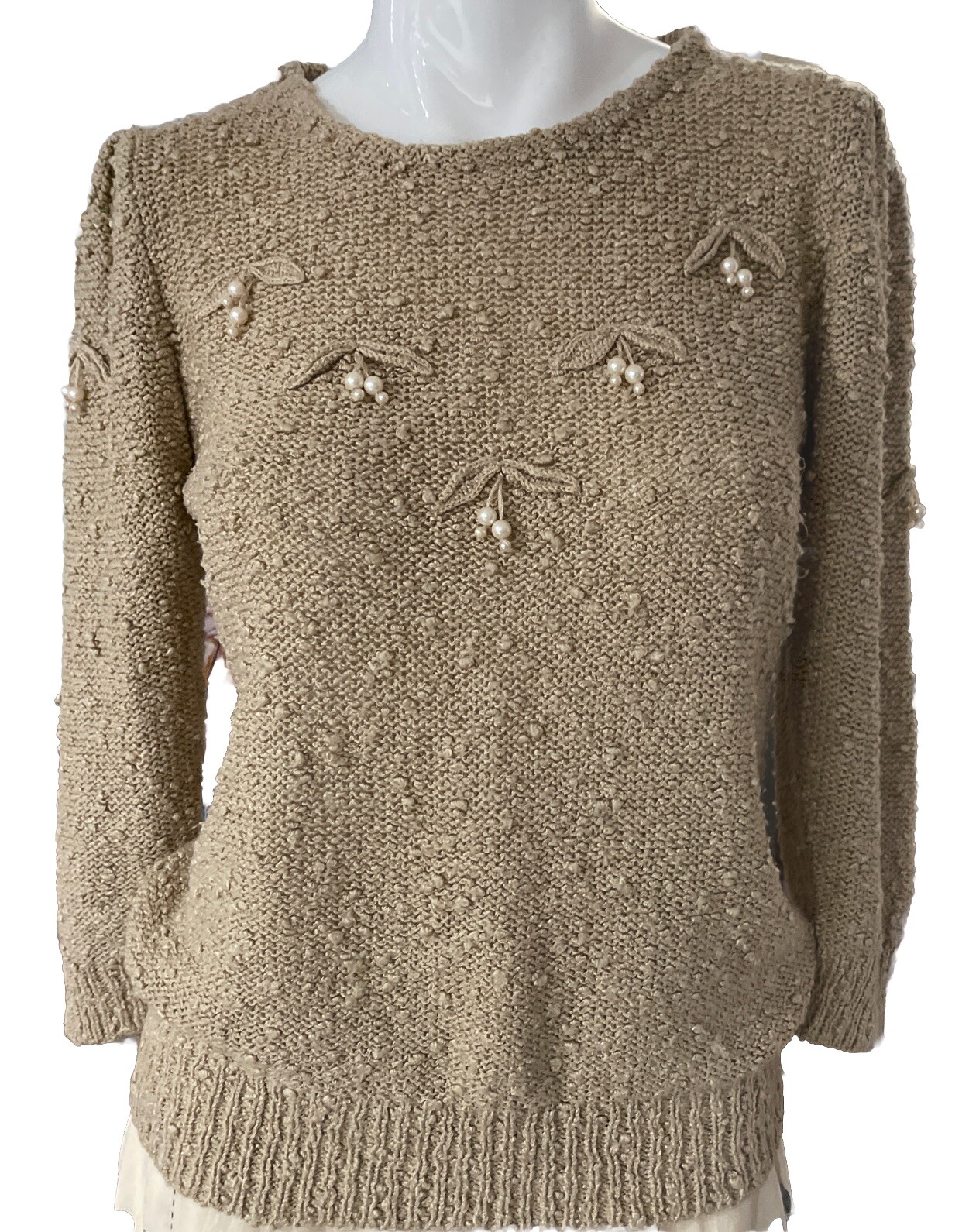 Le Roy Knitwear Vtg 60s With Faux Pearl Sweater Blouse Brown Sz S/M