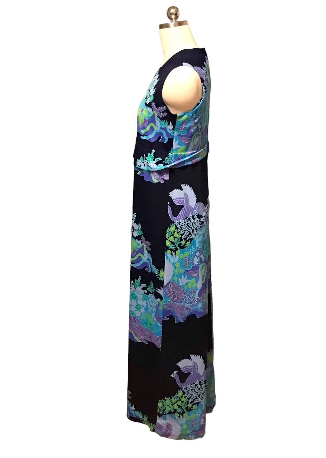 VTG Ja-Na Hawaiian Maxi Dress Blue Floral Birds Tropical Sleeveless Women’s Sz M