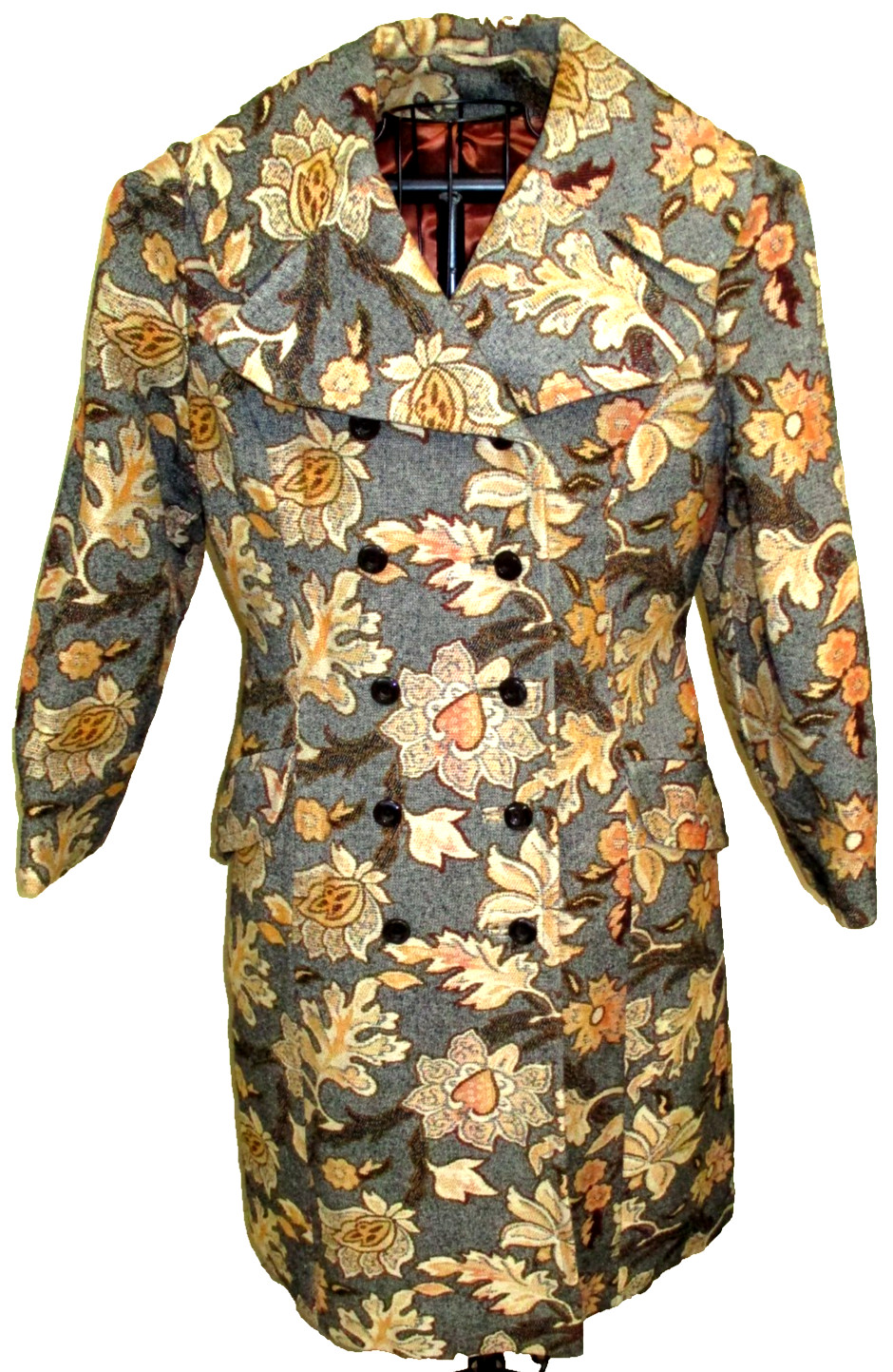 VTG Betty Rose Gray Orng Floral Coat Tapestry Double Breasted Dagger Collar Lrg