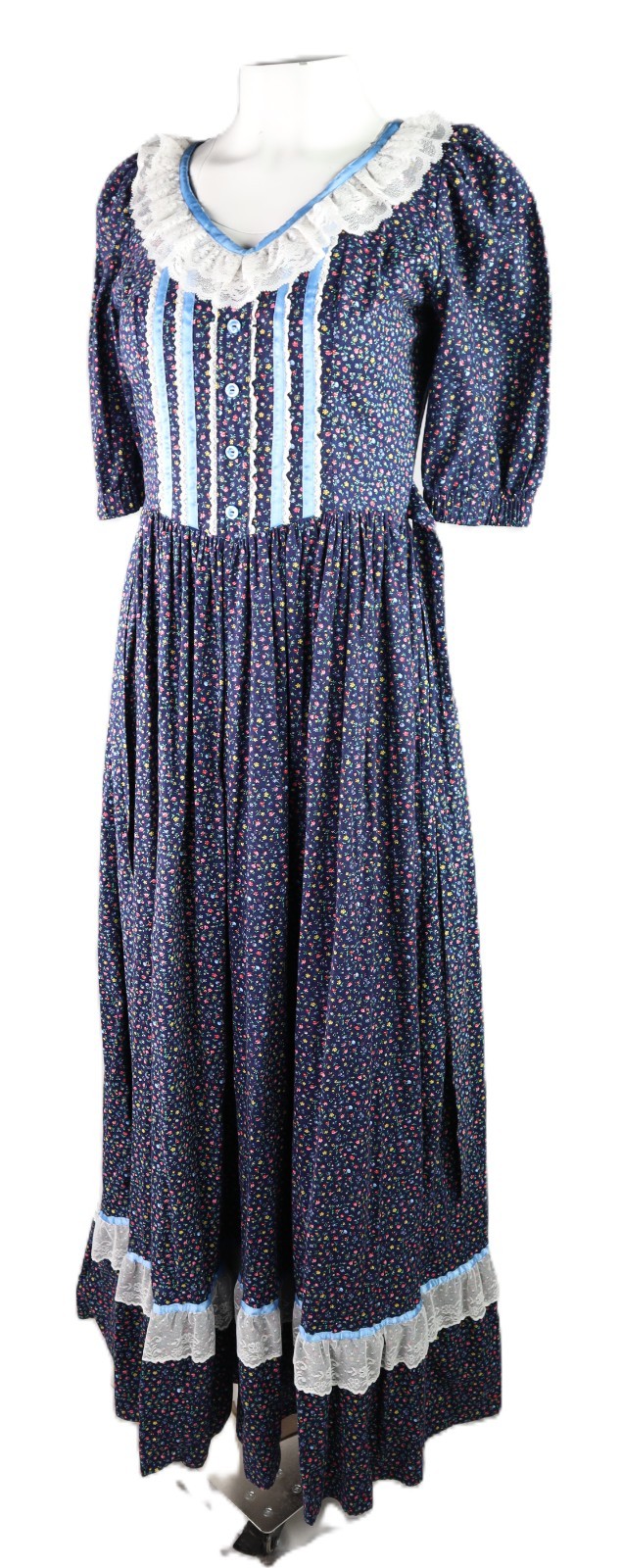 VTG 70s 8 S M Cottage Prairie Floral Print Long Maxi Lace Half Sleeve Dress Blue