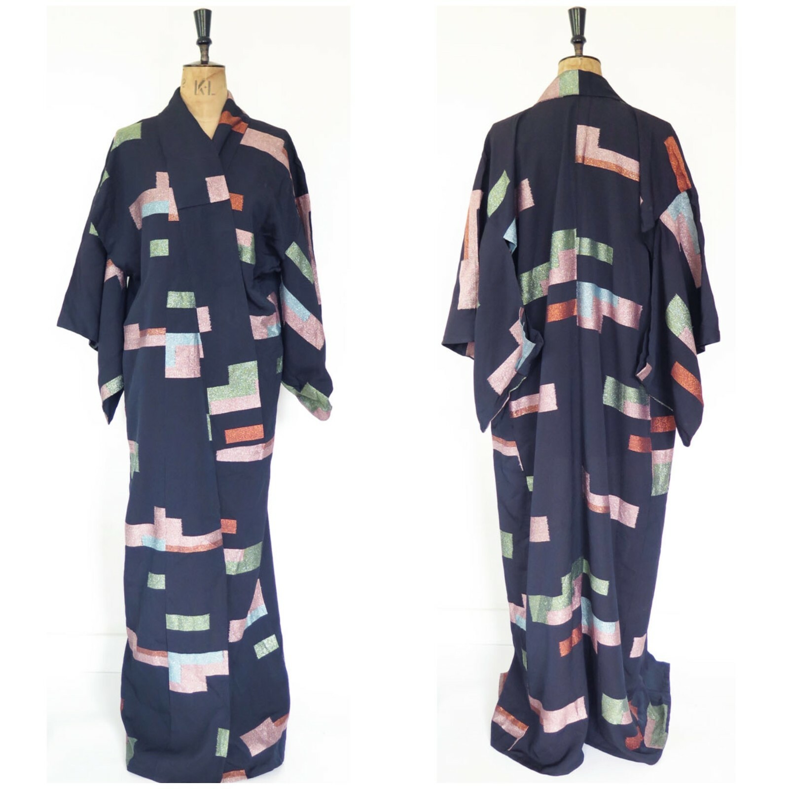 Original Vintage 1950s 1970s 1980s Blue Pink Lurex Deco Style Kimono Robe Gown