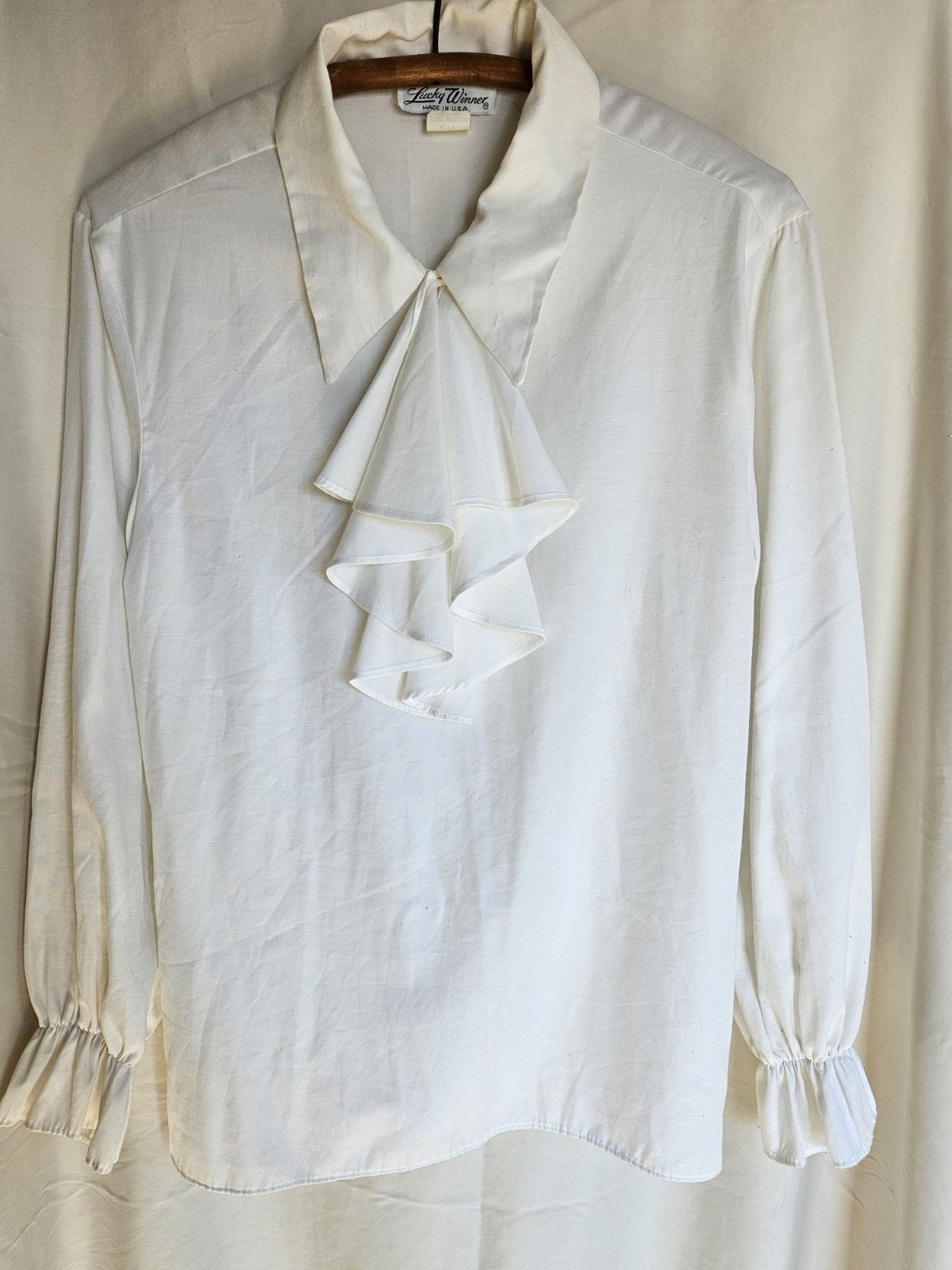 Vintage Womens White Romantic Ruffle Light Academia Blouse Sz M Lucky Winner