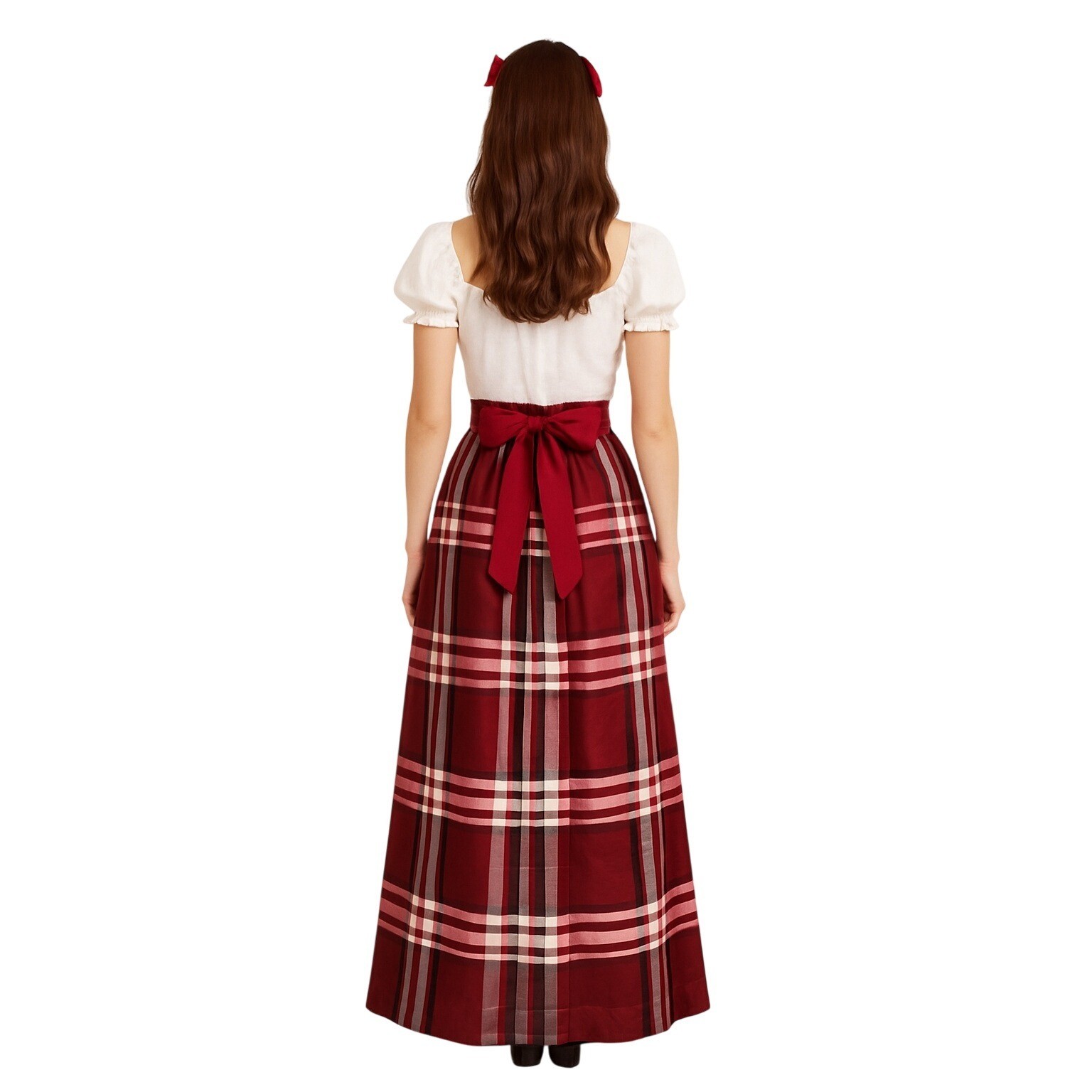 VTG Plaid Taffeta Maxi Skirt Red Tie Waist 5/6 dark academia coquette Christmas