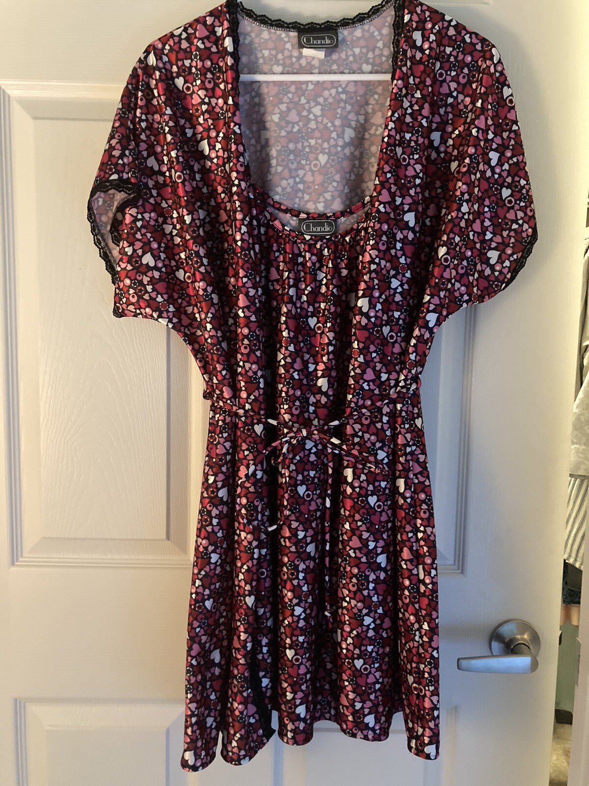 Vintage Chandio Black Pink & White Hearts 2 Piece Nightgown Peignoir Robe Large
