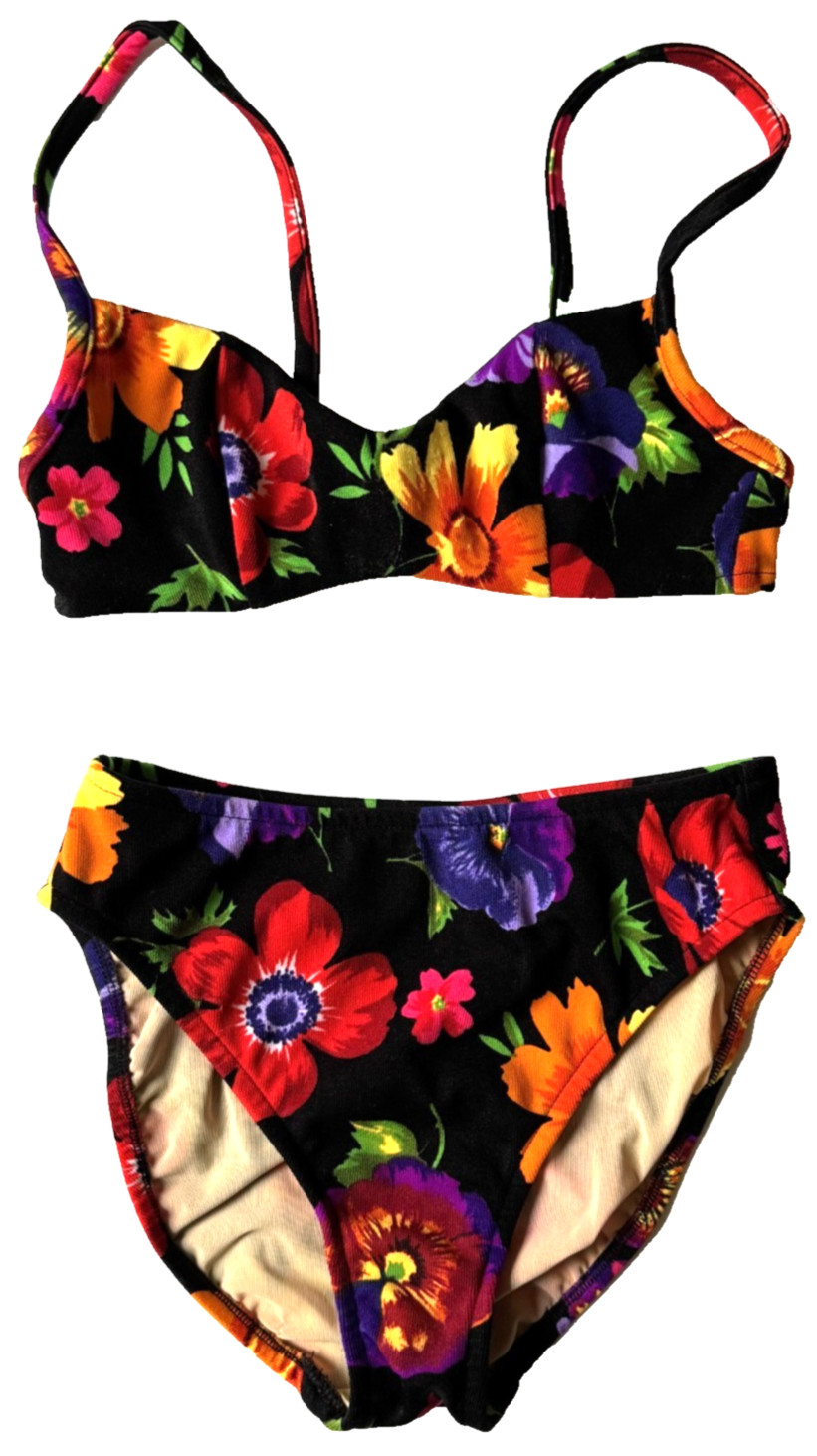 Vintage ILLUSIONS by COLE 2-Piece Bathing Suit Black Floral Top 6 B-C Bottom 8