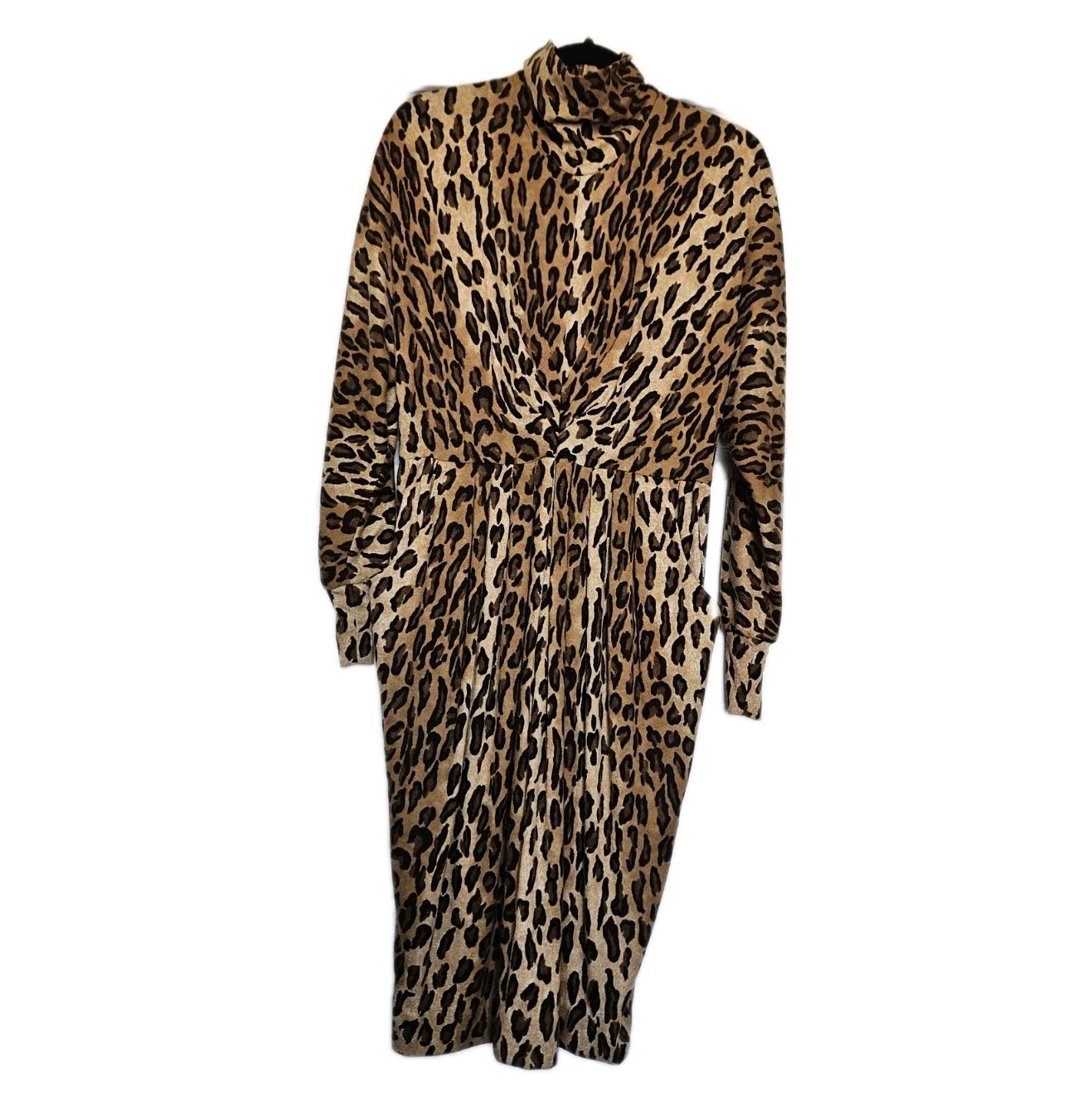 Vtg CHETTA B Animal Print Leopard Cheetah Fitted Pencil Mock Neck Dress
