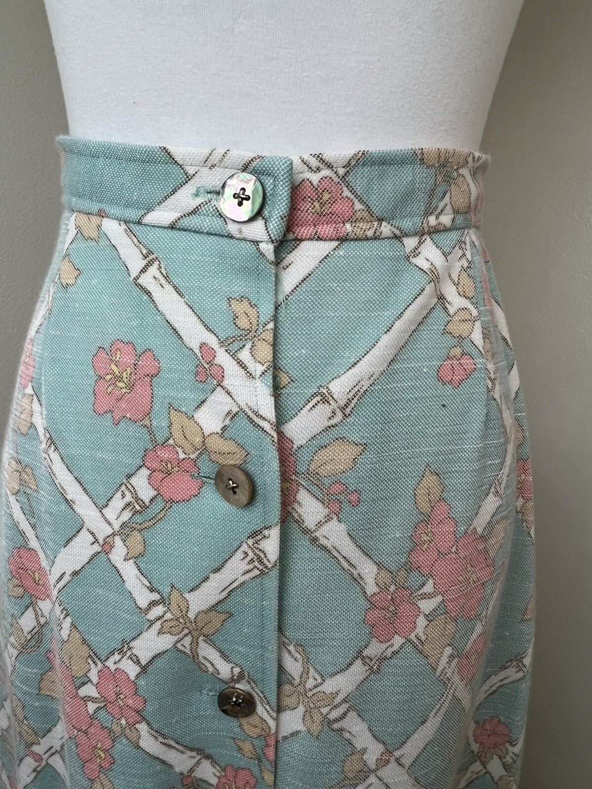 Vtg 60s 70s Floral Maxi Skirt Bamboo Lattice Glen of Michigan Hippie 26″ Waist