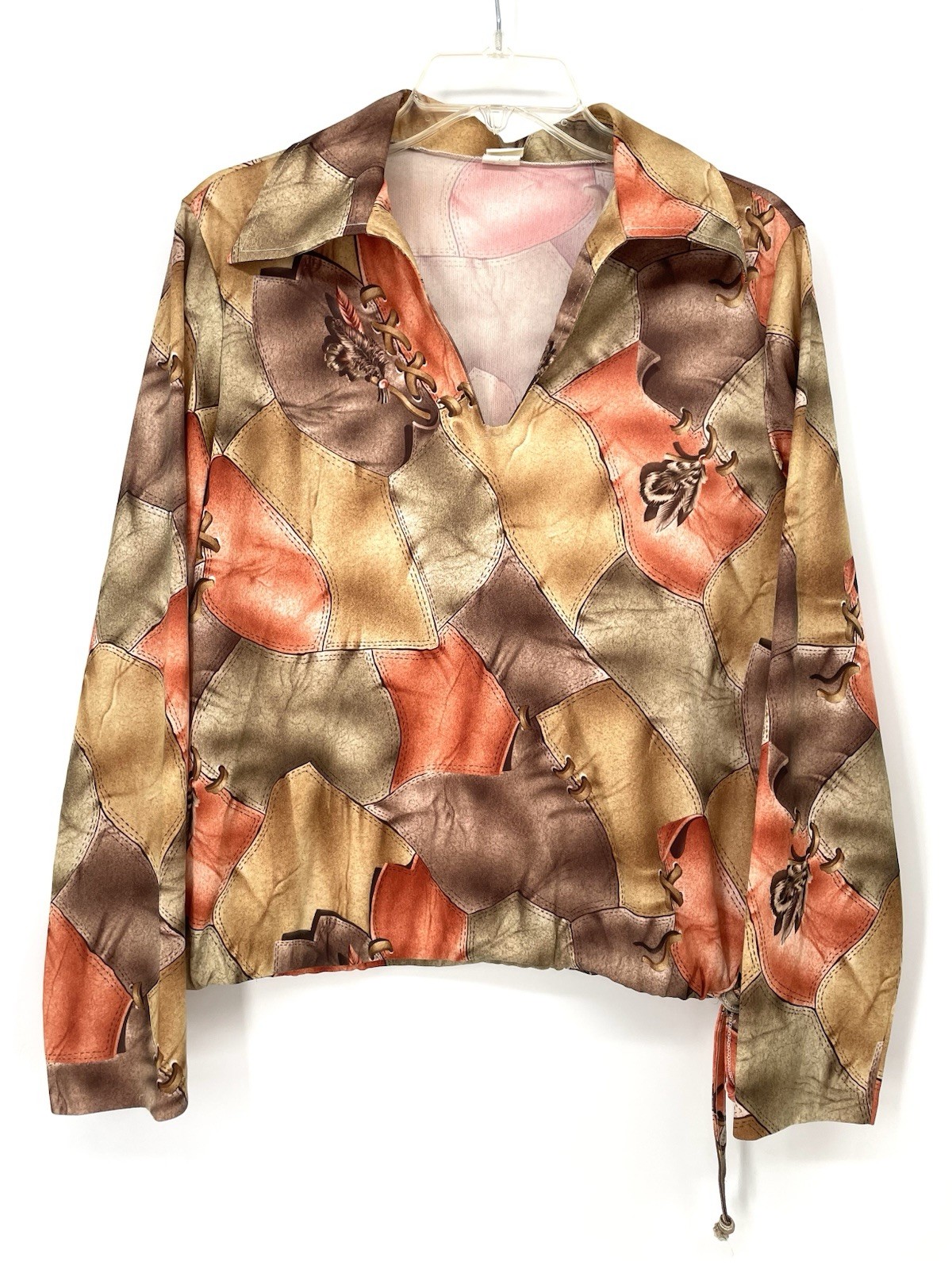 Vintage 1970s Whipstitch Leather Patchwork Feather Print Hippie Blouse Top Shirt