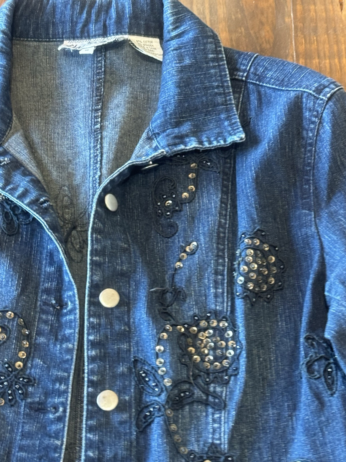 VTG Flashback jacket blue denim beaded sequin button jean pockets Medium