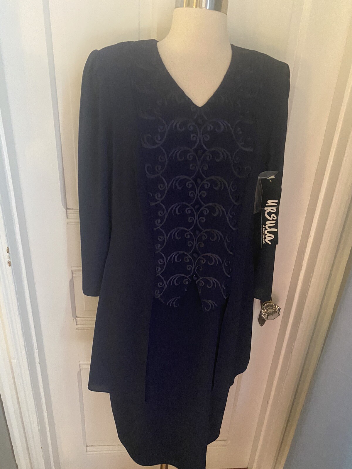 URSULA OF SWITZERLAND VINTAGE NAVY DRESS-PERFECT FRONT-SIZE14P-NWT$250.00!!