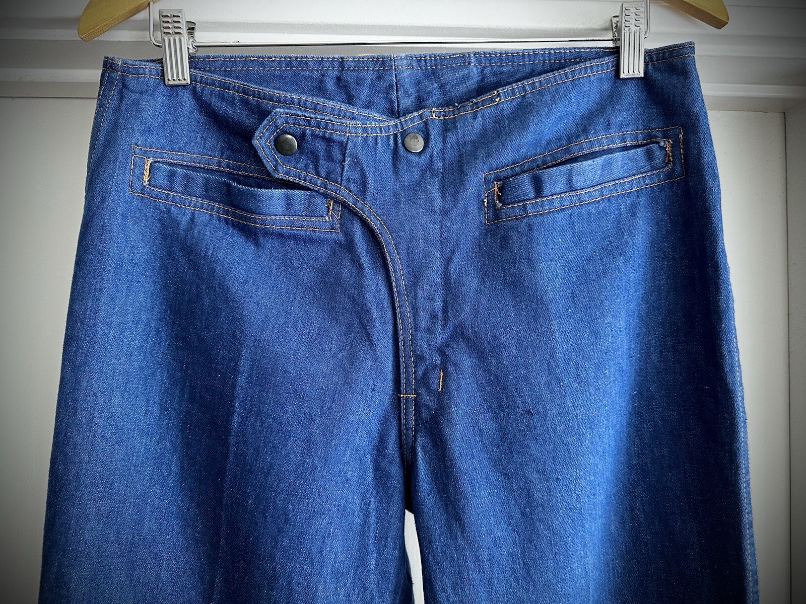 Vintage 70s Y2K Blue Denim Big Bell Bottom Jeans 32 x 38 Flare Low Rise 684 646
