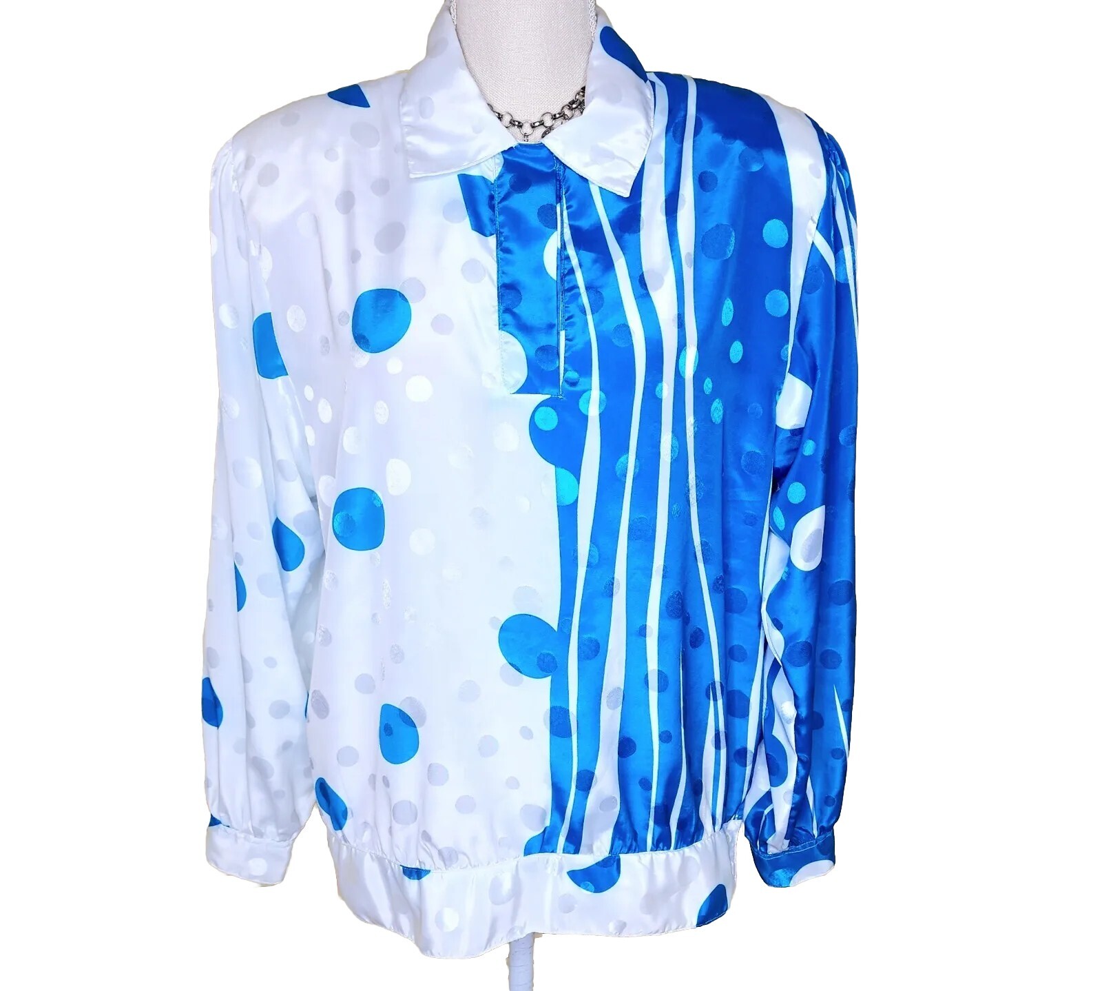 Vintage 80s Stuart Land Blue & White Satin Top Size 12