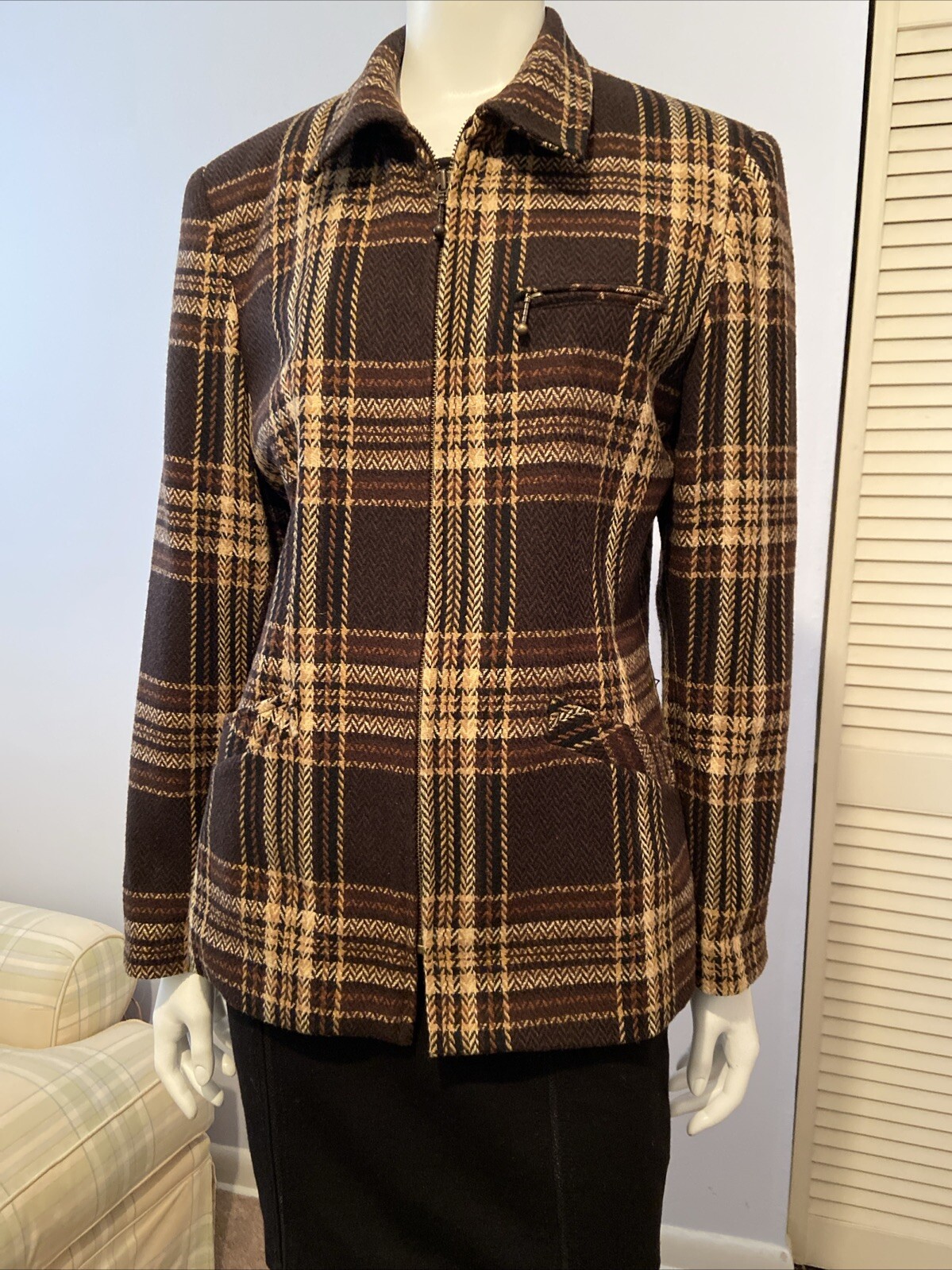 LAURA SCOTT Vtg Womens Jacket/ Blazer Brown Plaid Zip front Lined , Pockets Sz 8