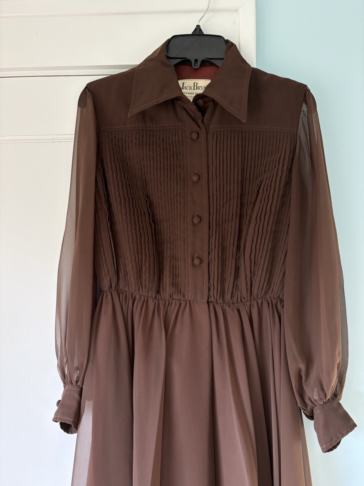 VTG 1960s Jack Bryan Chocolate Brown Pleated Chiffon Lantern Sleeve Midi Dress