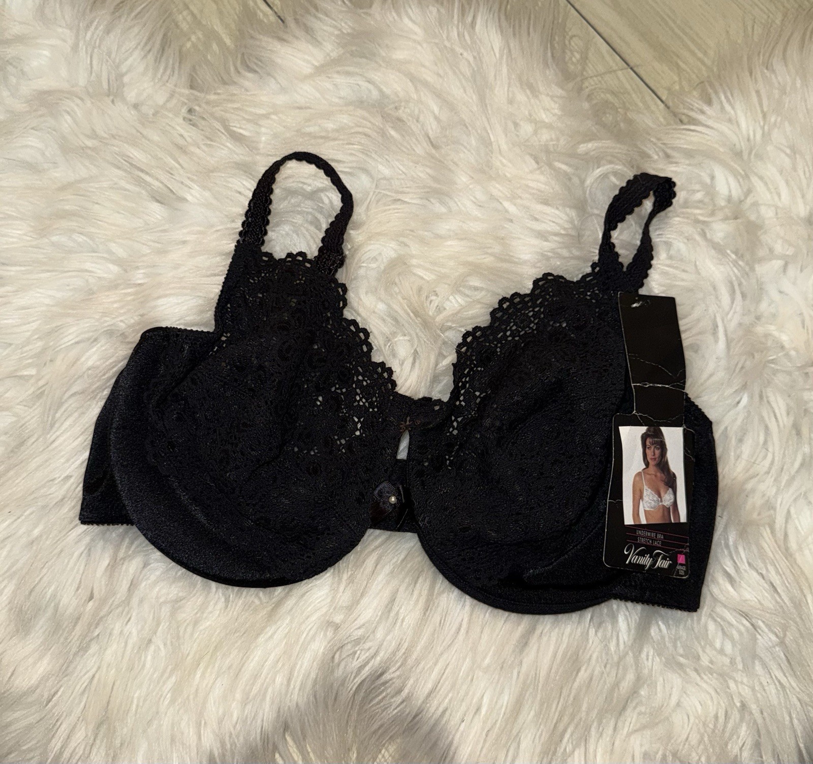 Vintage Vtg Vanity Fair 75078 Stretch Lace Underwire Bra Unlined 38D Black New
