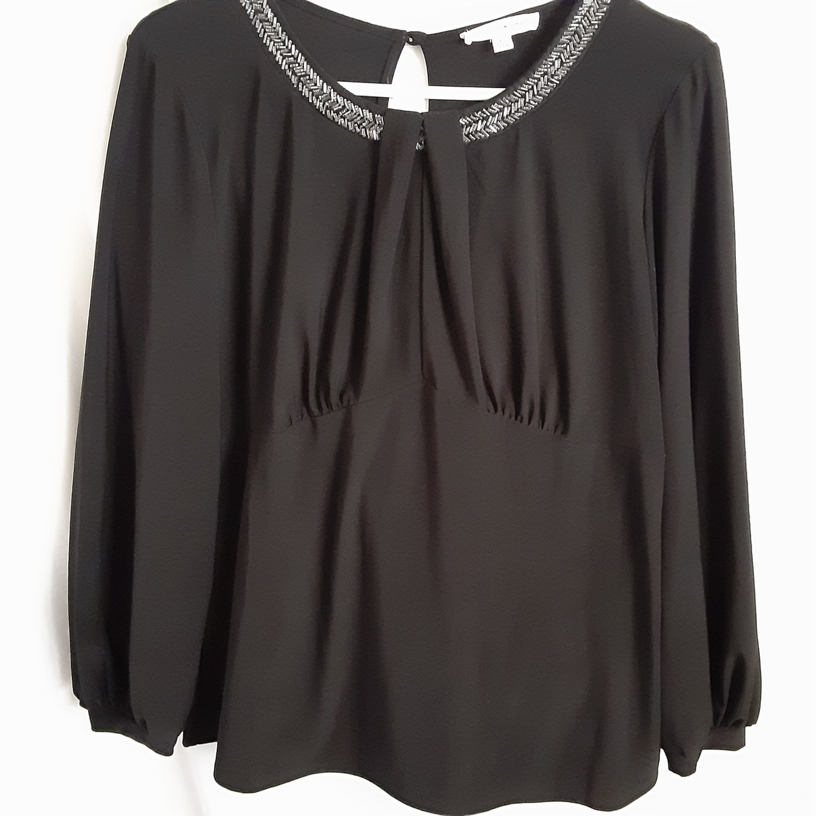 VTG 90’s Perception Concept Blouse LARGE Black Silver Beaded Accent Neckline