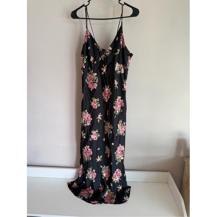 Zara Black Floral Satin Midi Slip Dress Pink Orange Botanical Print Size L