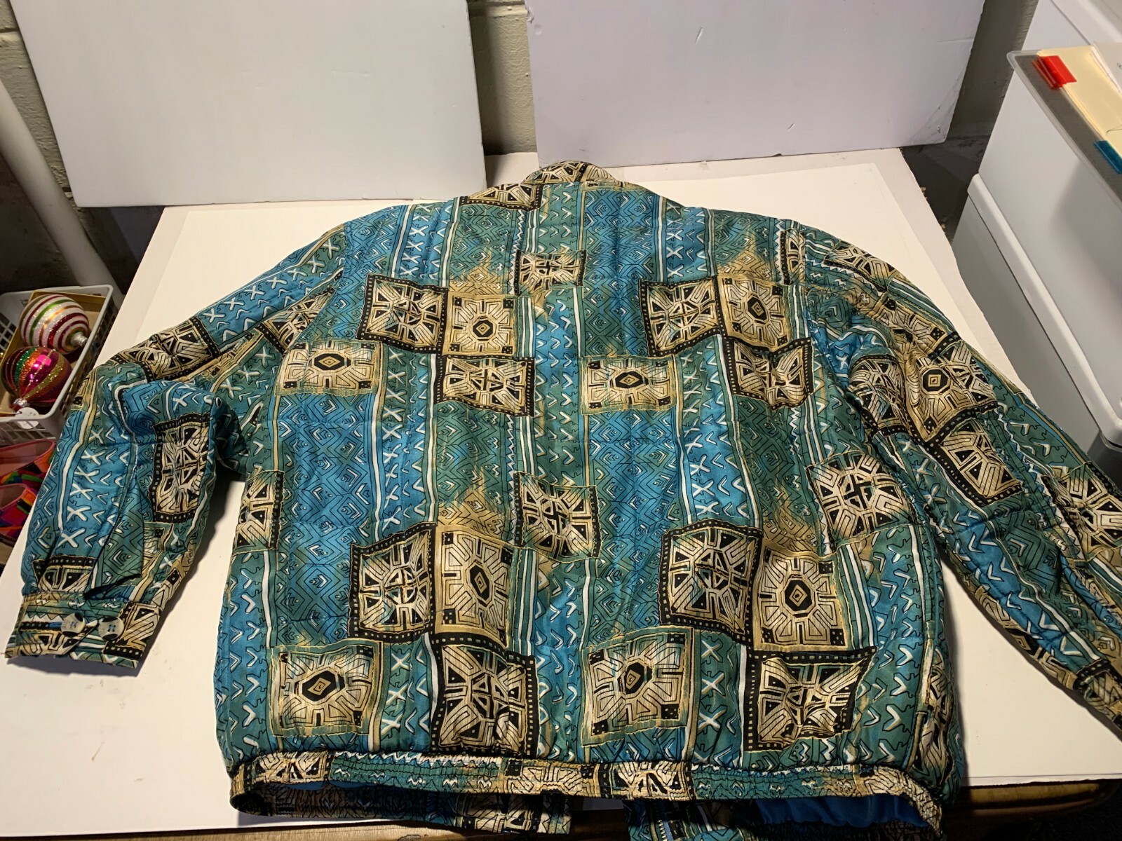 Vtg FUDA INTERNATIONAL Silk Bomber Jacket Womens Sz M BLUES GREEN BROWNS EUC