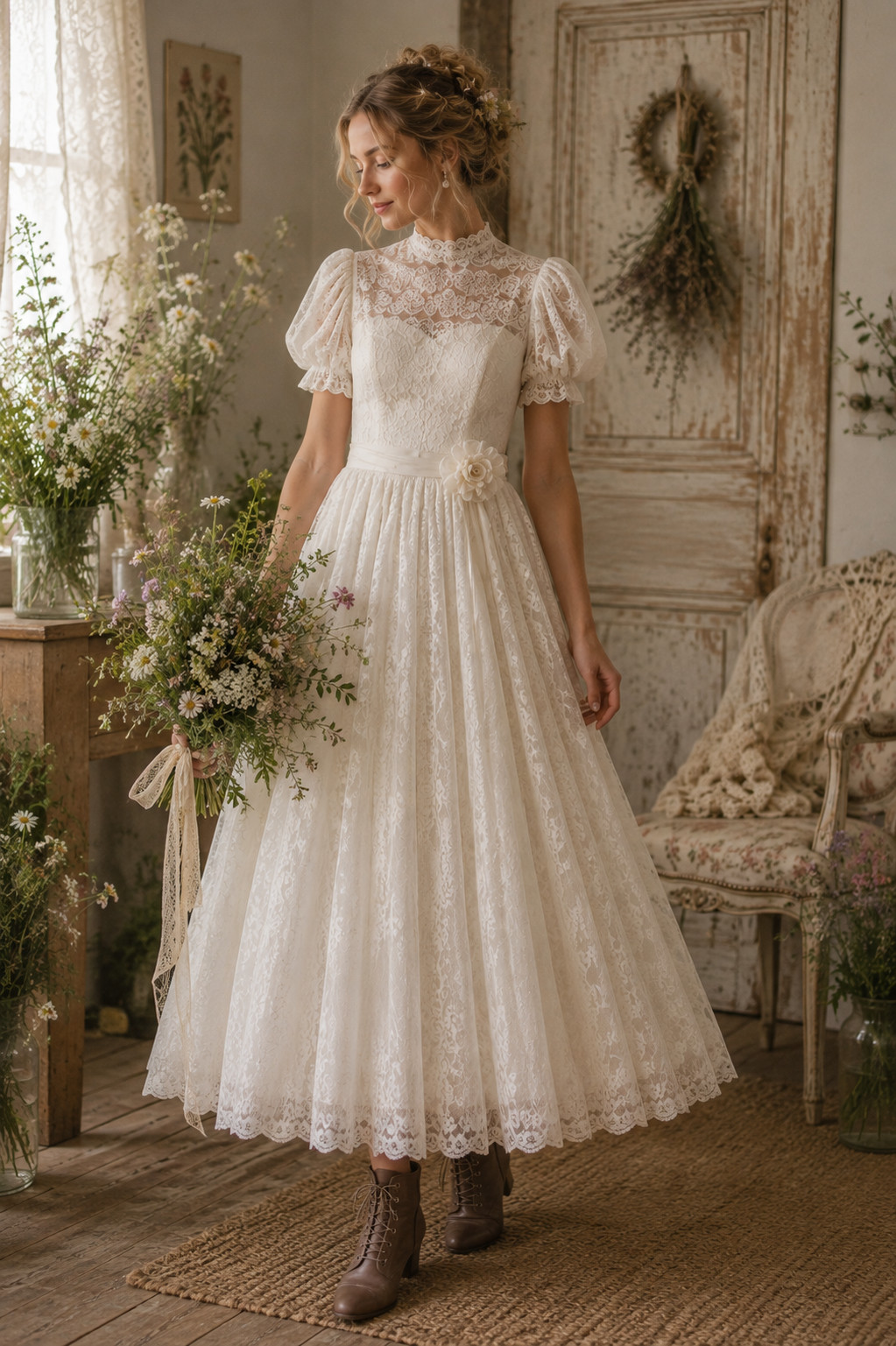 Original Kleemeier Court Wedding Dress 70s Vintage Lace Crinoline Edwardian Prairie